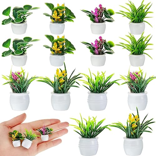 Skylety 14 Pcs Miniatures Dollhouse Plants and Flowers Minature Dollhouse Accessories Spring Mini Plant Figurine Artificial Tiny Potted Flower for Doll House DIY Gift Decoration(Classic Style)