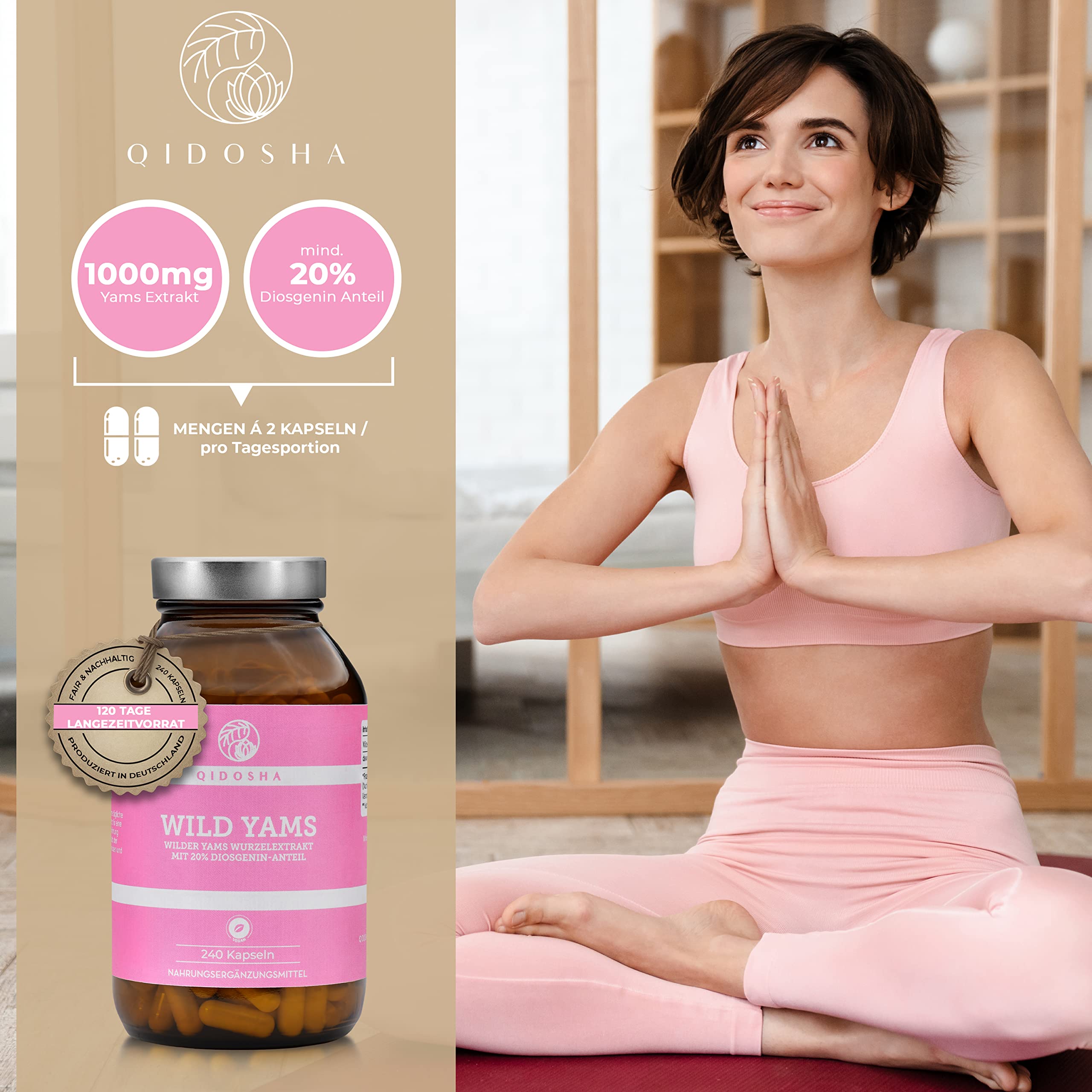 QIDOSHA® Wild Yams Wurzelextrakt, 240 Stk/Glas, 1000mg Wilder Yams Wurzelextrakt mit 200mg Diosgenin je Tagesportion, Mexikanischer Wild Yam Kapseln hochdosiert, vegan, in Deutschland gefertigt