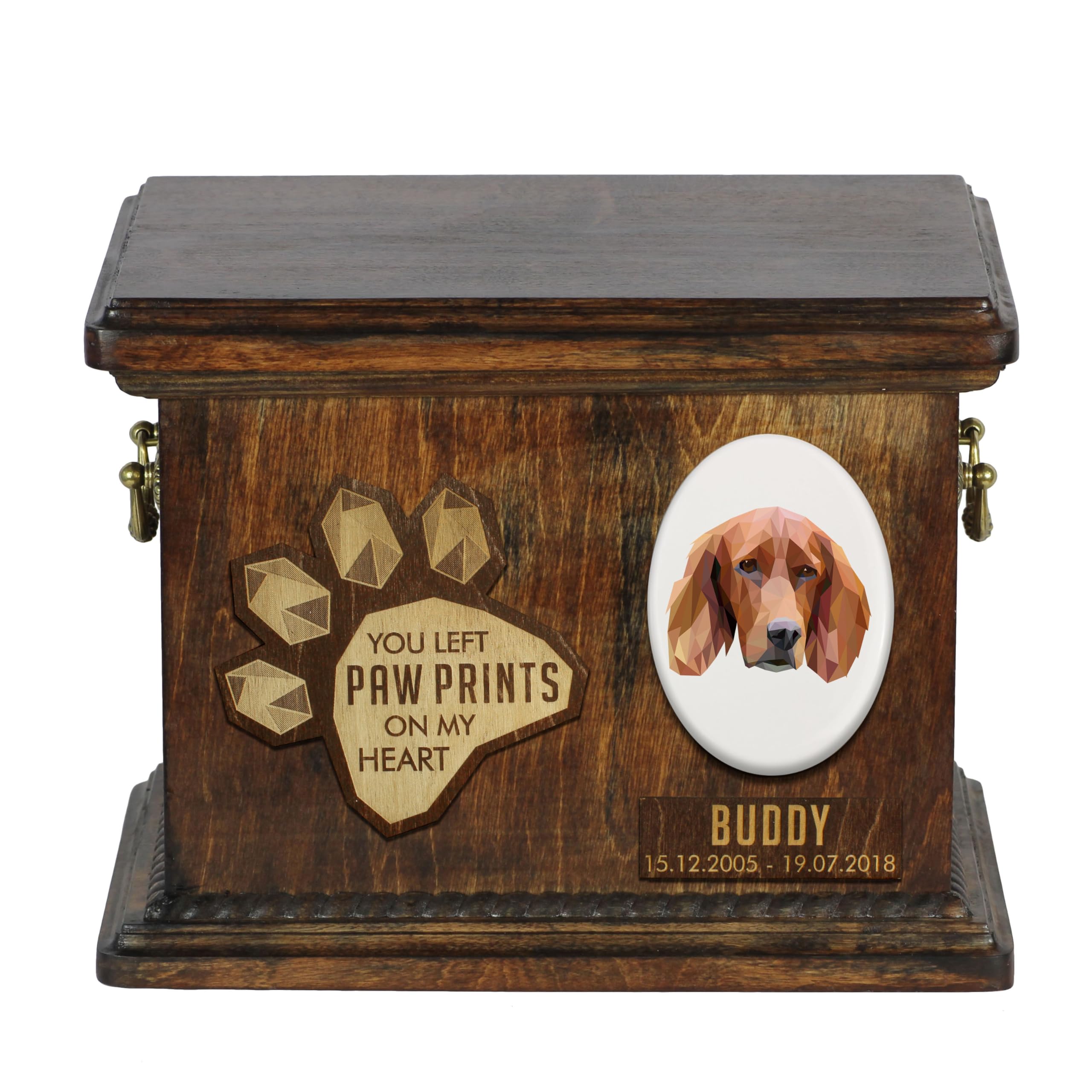 Urne pour cendres de chien bois faite à la main plaque céramique Setter