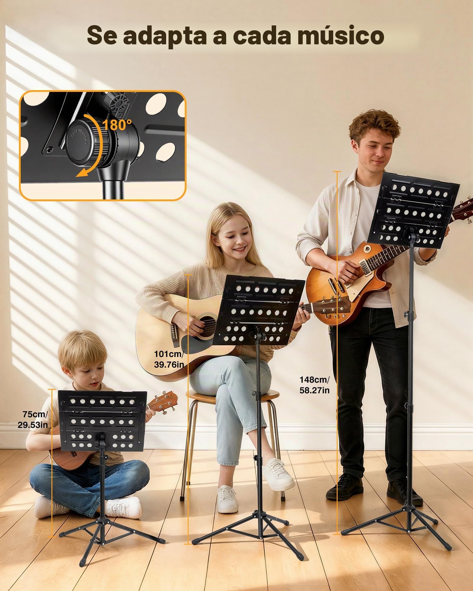 New Bee Atril Música Plegable Soporte para Partituras Estable de Metal, Altura Ajustable, Soporte Plegable con Pies Antideslizantes para para Estudiantes y Profesionales
