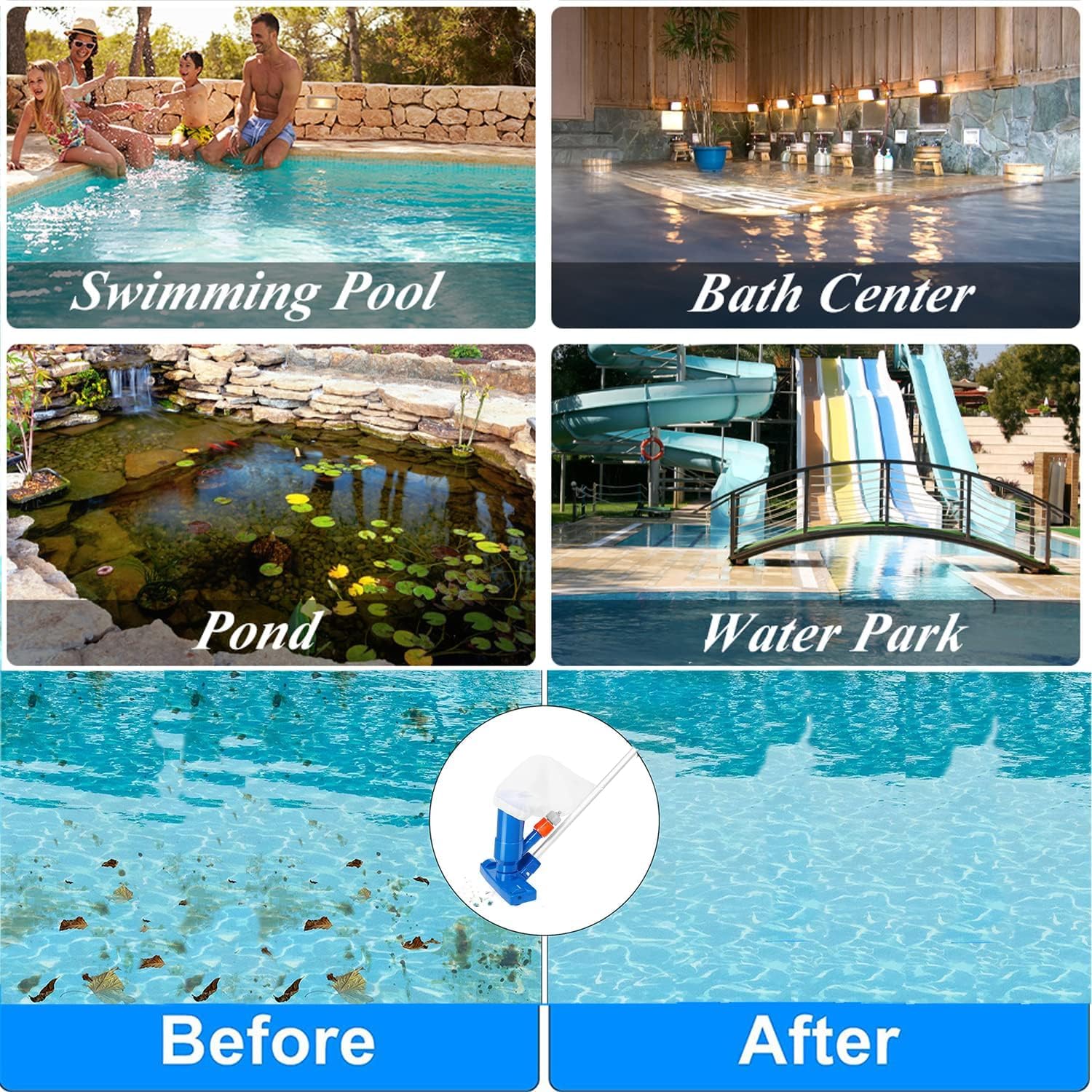 Limpiafondos Piscina, Aspirador de Piscina, Aspiradora de Fondo de Piscina Portátil para Bañera de Hidromasaje de Fuente de SPA de Piscina, con Tiras de Reactivas Piscina pH Guantes