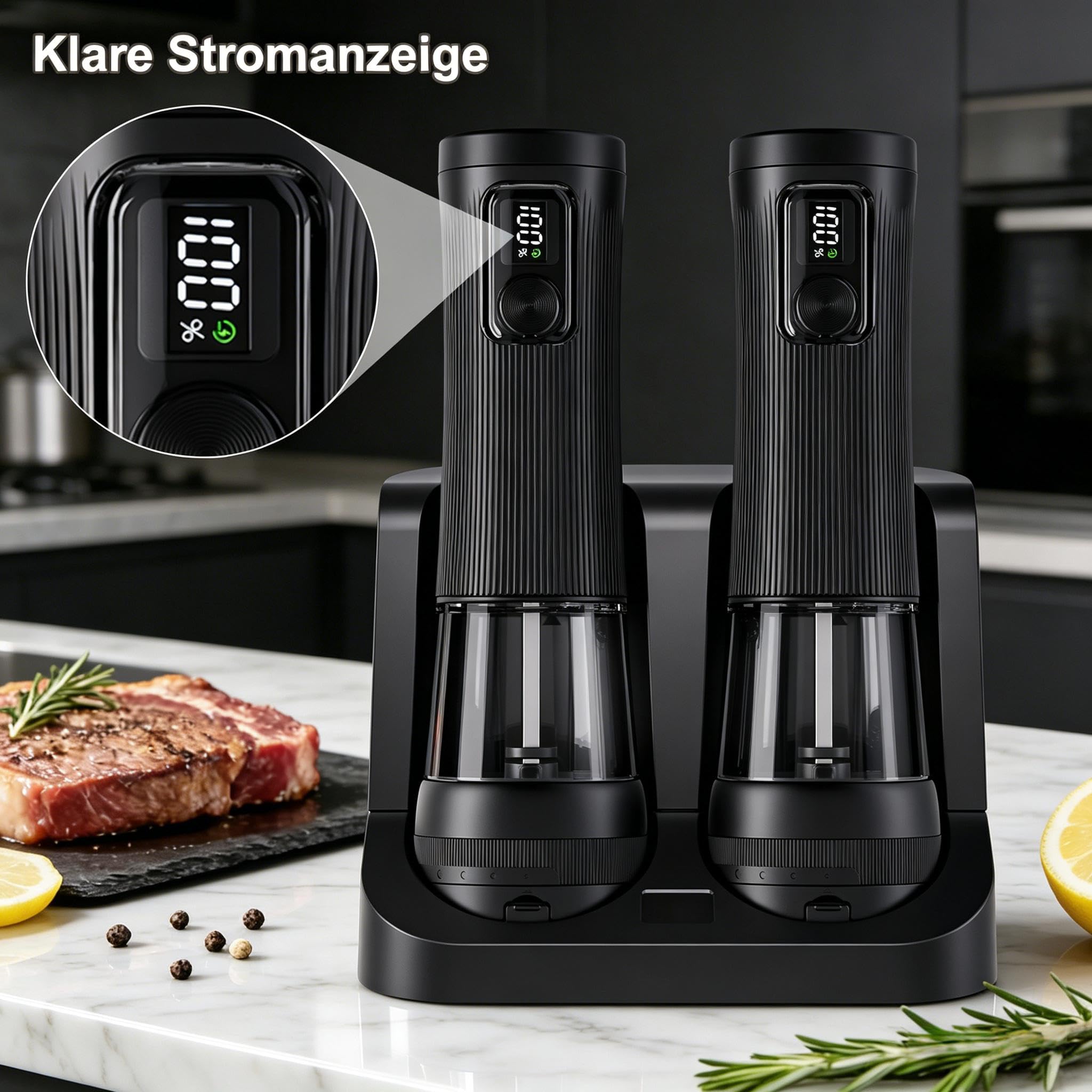 Elektrische Salz und Pfeffermühle Set mit USB Ladebasis,100ml Großes Fassungsvermögen,Elektrisch Gewürzmühle mit 5 Stufen & Keramik Mahlwerk,Geschenk für Kochenthusiasten