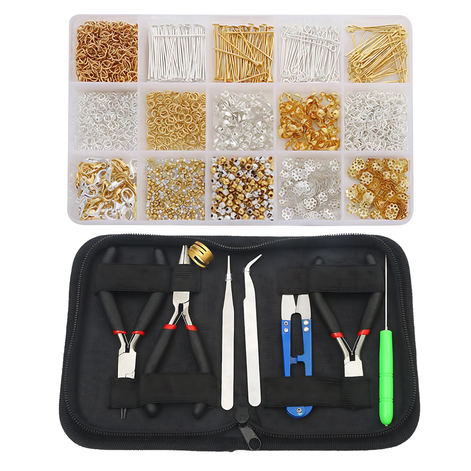 Generisch 1268 Teile Schmuck-Bastelset für Erwachsene und Frauen, DIY Zubehör für Ohrringe, Ketten und Armbänder, Gold- und Silberperlen, Charms, Schmuckteile und Werkzeuge für Einsteiger
