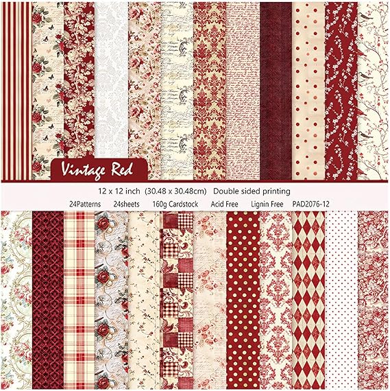 Amazon.com: 24 Sheets Vintage Red Floral Scrapbook Textured Double ...