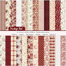 24 Sheets Vintage Red Floral Scrapbook Textured Double-Sided Paper Pad 12" 12",160gsm Pattern Designer Planner Junk Journal Craft Paper Card Making Supplies