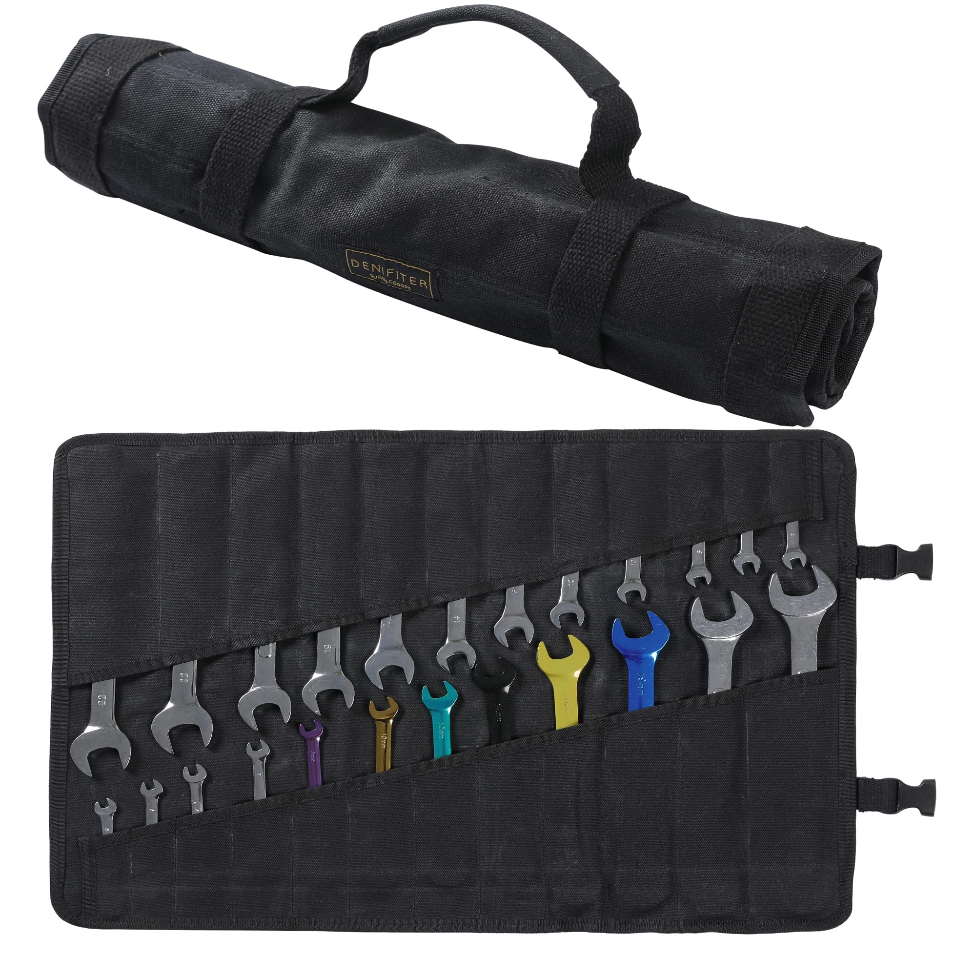 Wrench Roll Heavy Duty 16oz Waxed Canvas Large Wrench Roll Up Pouch Tool Bag 24 Pockets Tool Roll