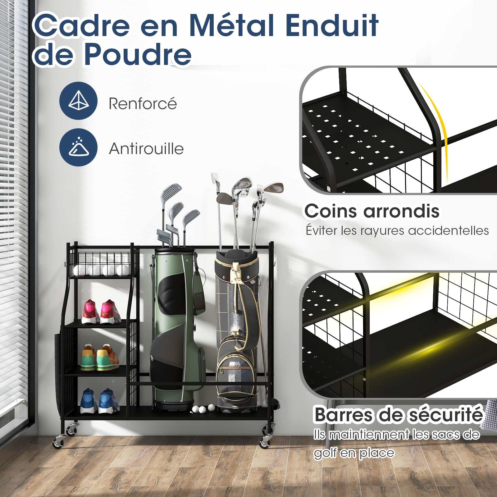 GOPLUS Organisateur de Rangement pour Club de Golf, Étagère de Rangement avec Roues Verrouillables pour 2 Sacs de Golf et 8 Clubs de Golf, 1 Panier, 3 Étagères et 4 Crochets
