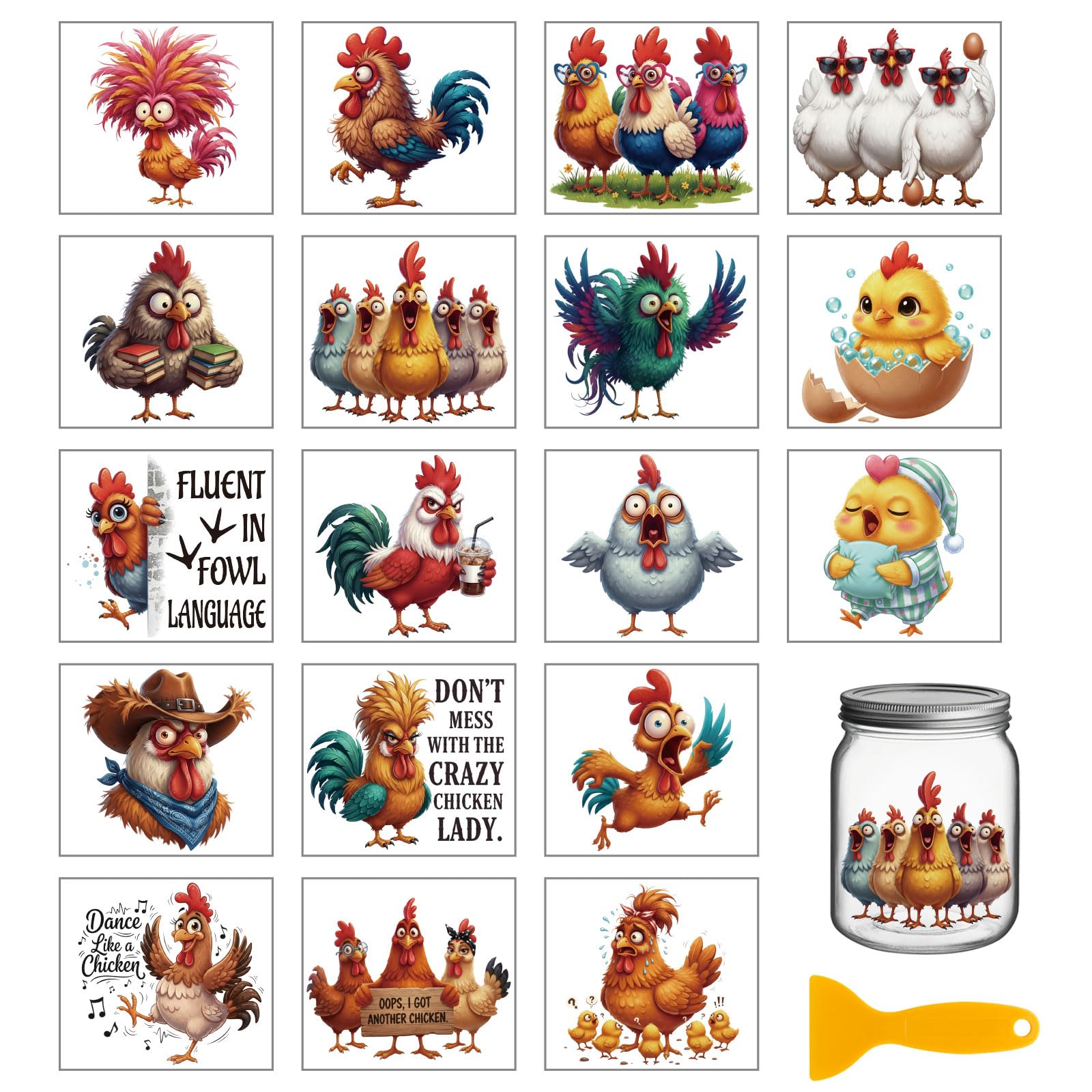 GLOBLELAND 18 Sheets Funny Chicken Transfer Stickers 3.9x3.6inch Colorful Funny Cartoon Chicken Animals Transfer Decal Rub on Transfer for Cup Decal Vase Glass Art Crafts Decorations