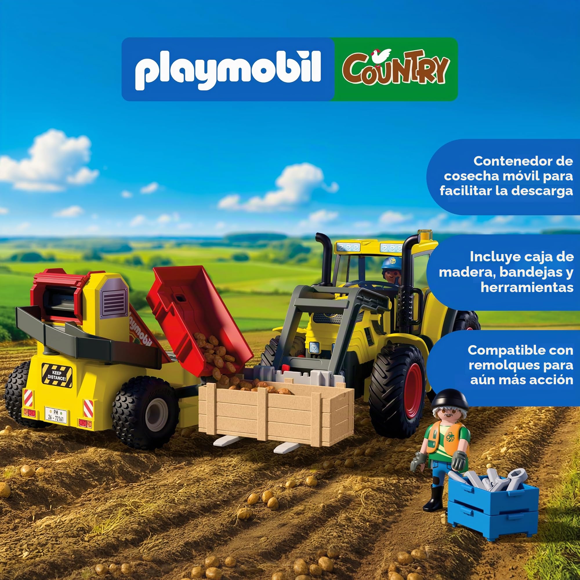 PLAYMOBIL | Country | Gran tractor con arrancadora de patatas | Set de maquinaria agrícola con cargador frontal, función de clasificación y numerosos accesorios | Para niños a partir de 4 años | 72161