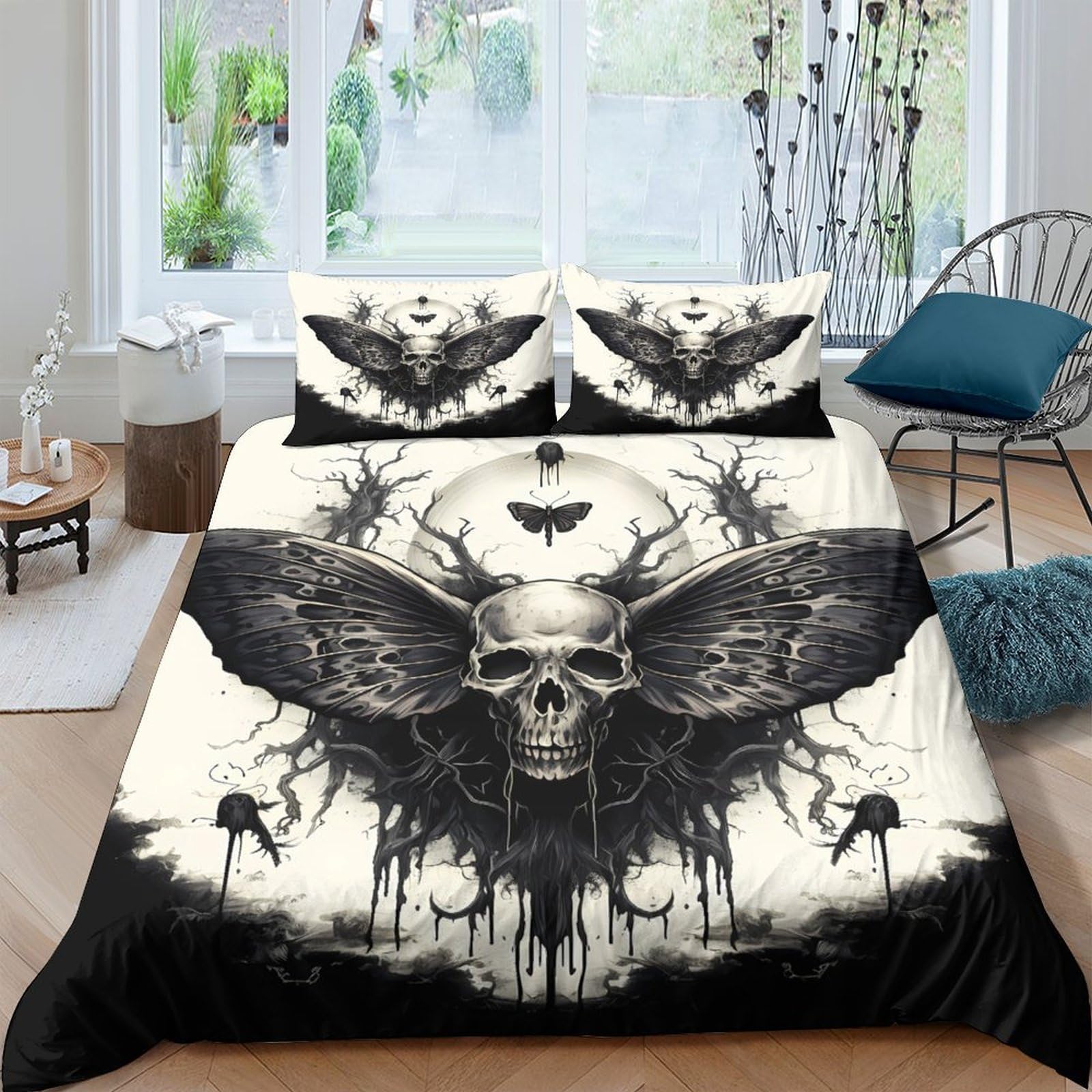 Ctjqhvkz Style-1 3D Printed Gothic Skull Fitted Sheet Microfiber Black Moth Mattress Cover For Bedroom Dorm Apartment Decor Easy Care Single（135X200cm）