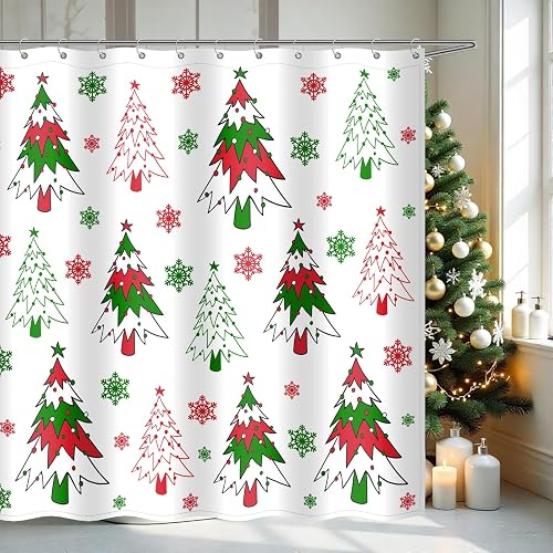 GROPKNIO Winter Christmas Shower Curtain,Red Holiday Xmas Snowflake Shower Curta