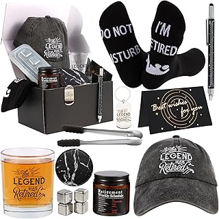 Kolewo4ever 14 Pcs Retirement Gifts for Men Christmas Gifts for Dad 2025 Happy Retired Gift Basket for Coworker, Teachers, Dad, Grandpa Best Retirement Gift Box with Whisky Set Baseball Cap Socks