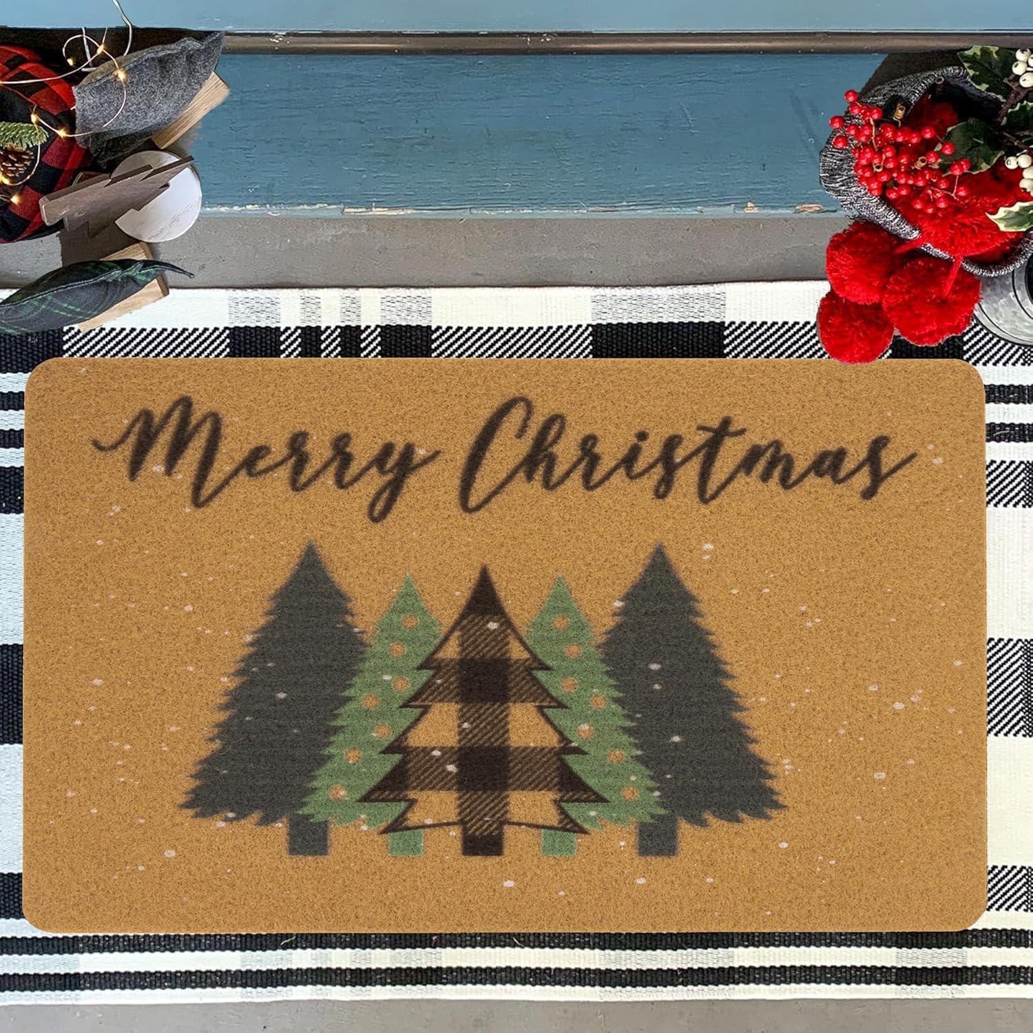 CaySep Christmas Front Door Mat Pine Trees Doormat for Indoor Outdoor, Entry Rug for Outside Porch Entrance Welcome 43x74 CM