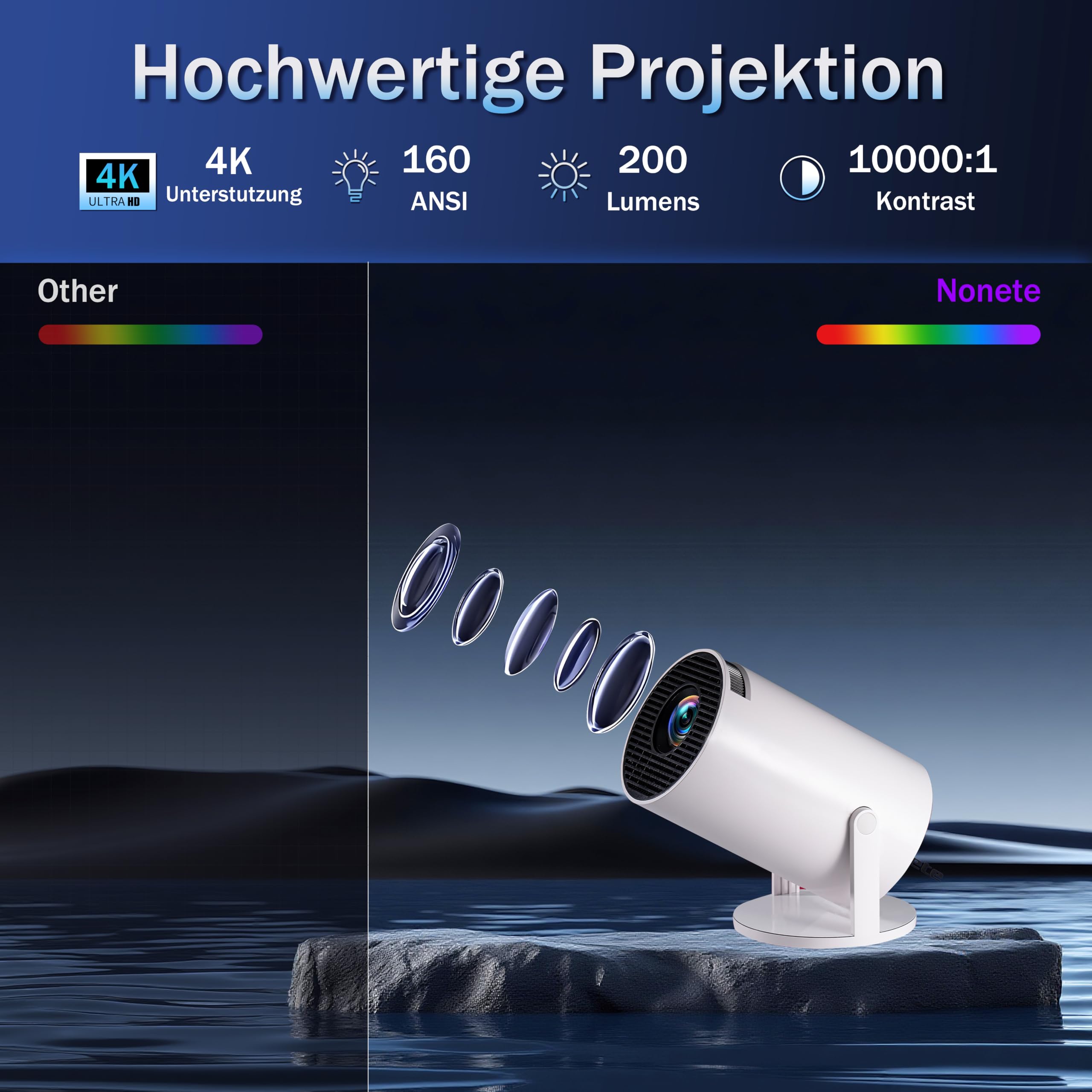 Mini projecteur 4K compatible 1080p Full HD avec WiFi 6 avec BT 5.2, petit projecteur avec applications intégrées avec Keystone automatique et rotation à 270° compatible avec HDMI/TV Stick, blanc