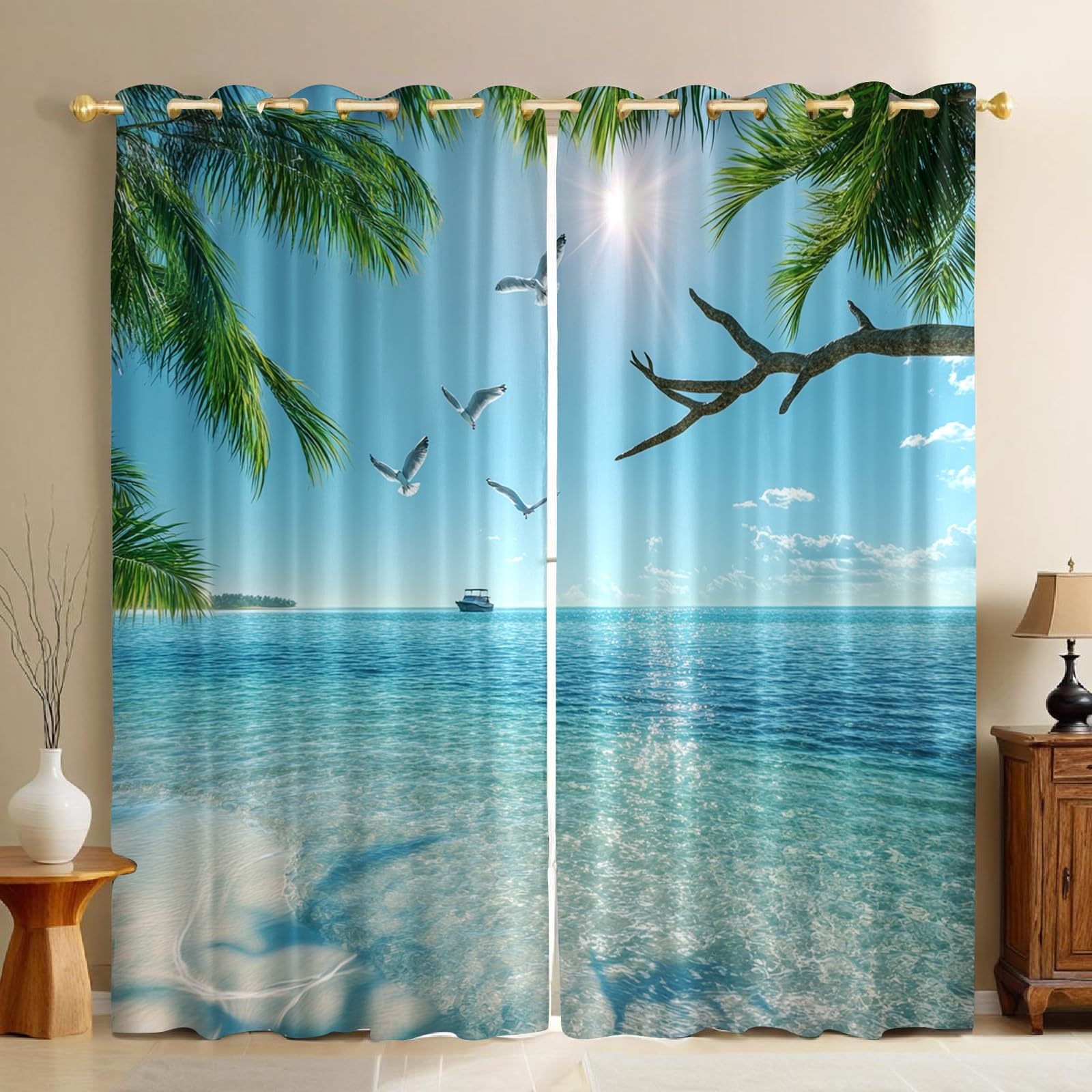 Rideaux occultants plage et mouettes lot de 2 thermiques 140x280 cm bleu ciel pour salon et chambre