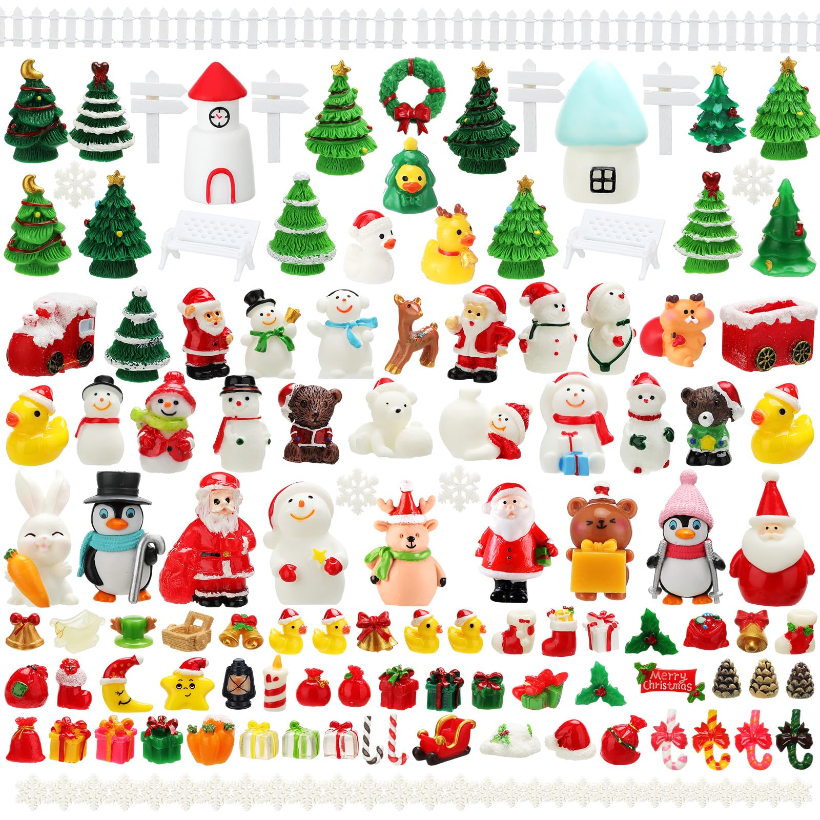 Qunclay 150 Pieces Christmas Miniature Figurines for Crafts Santa Snowman Figurines Mini Resin Landscape Bell Snowflake Christmas Tree Reindeer Gifts