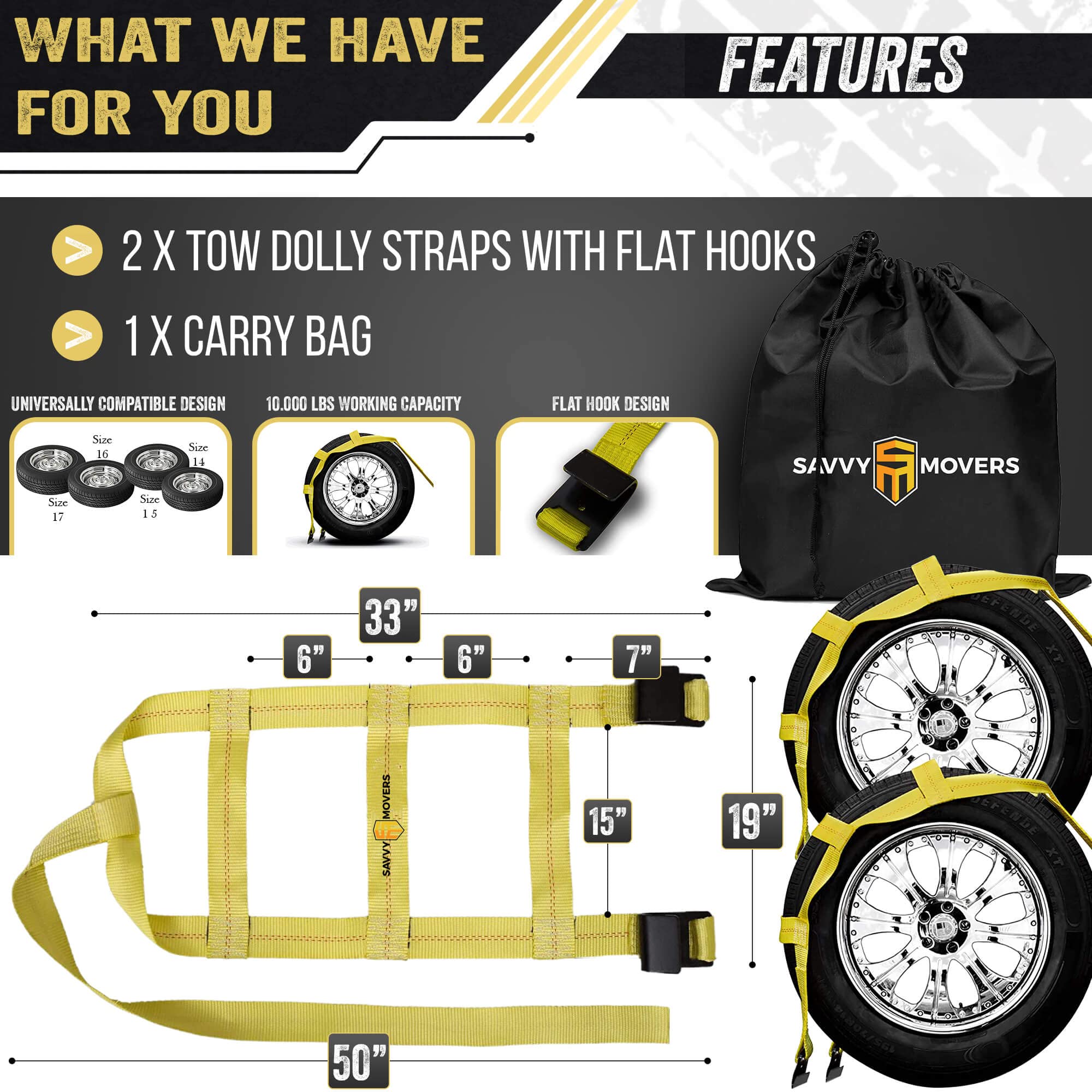 Tow Dolly Straps with Flat Hooks & Carrying Bag (2 Pack) Essential