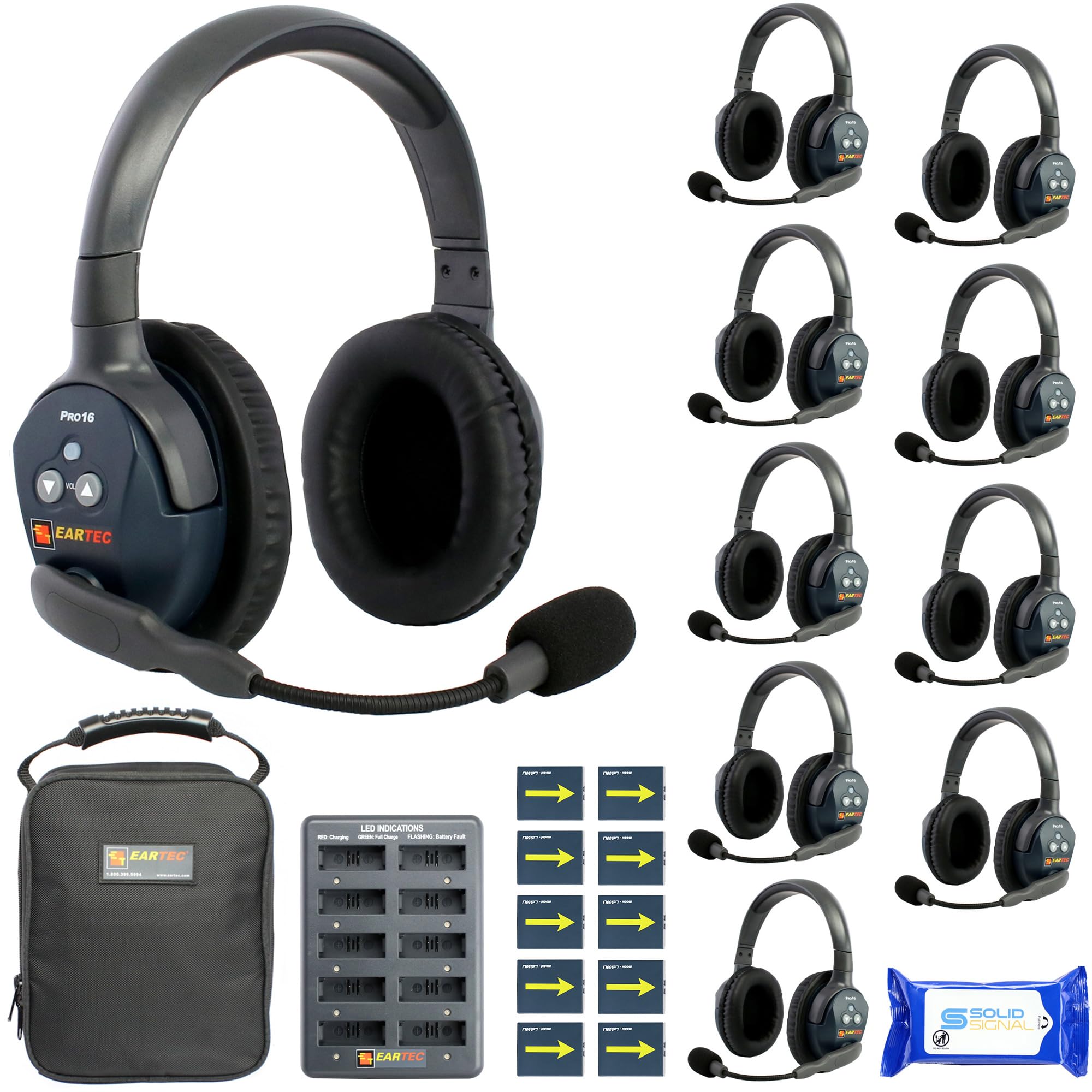 Eartec ETP10D Ultralite PRO16 Hands Free Full Duplex Wireless Headset Communication for 10 Users – 10 Dual Ear Headsets, Up to ½ Mile Range, with