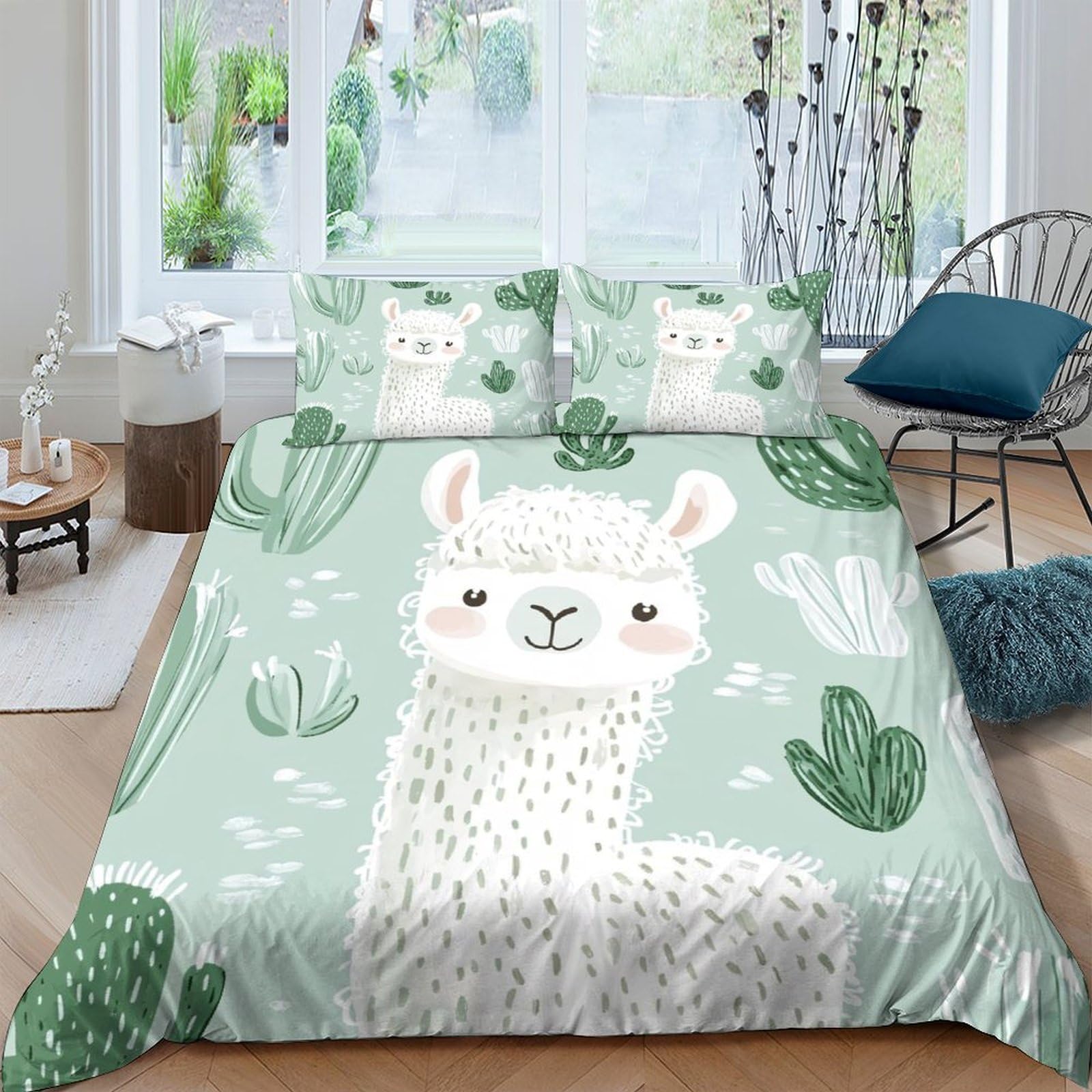 TUFRTGYHN 3D Printed Cute Alpaca Duvet Cover Set Microfiber Soft Breathable Cactus Bedding Set with 2 Pillowcases for Bedroom Decor Single（135x200cm）