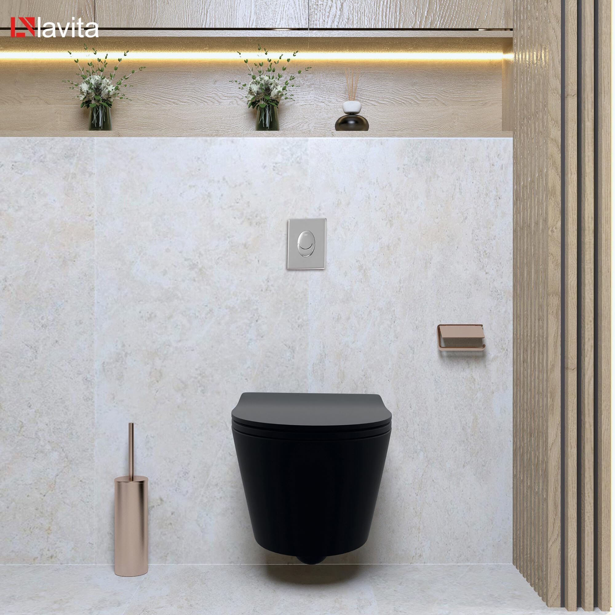 LAVITA Vorwandelement Solido Start + Wand Hänge WC Praia Schwarz Spülrandlos + WC-Sitz SoftClose Verchromter Knopf Komplettset Unterputz Spülkasten Toilette Komplett Sett WC