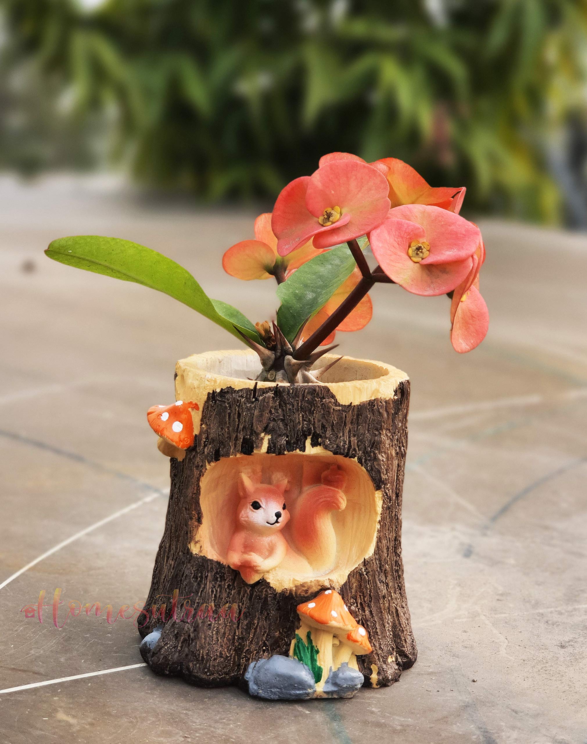 Resin Tree Stump Shape Planter Pot Decorative Flowerpot Container - Office Desk Living Room Balcony Home Decor (4inch Brown 9.5X9.5X8.5 CM)