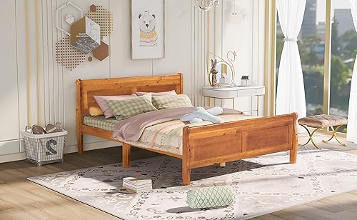 Miniatura 9 de Harper & Bright Designs Base de cama Queen de madera con cabecero y estribo, cama de trineo con soporte de listones de madera (tamaño Queen, roble)