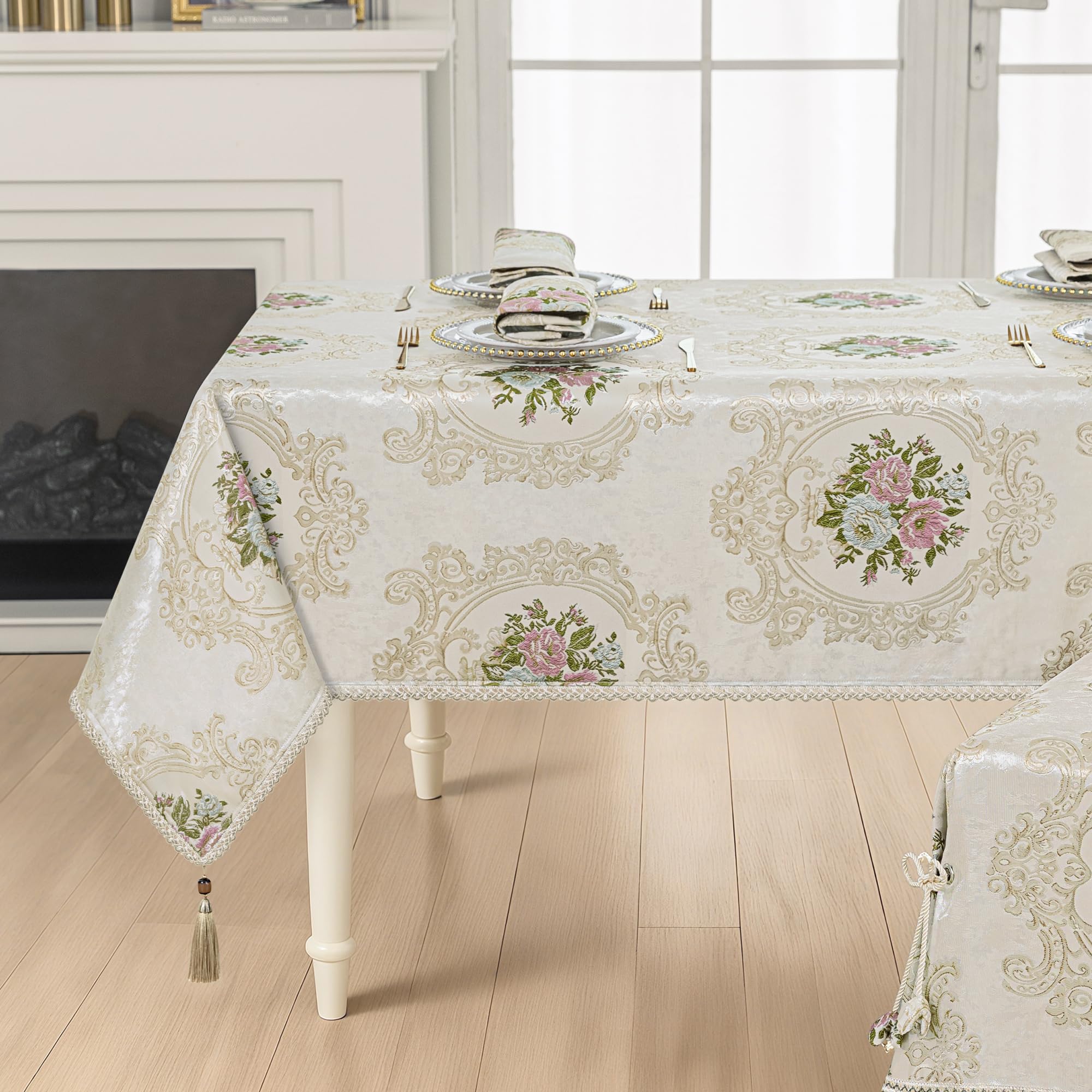 Tovaglia Damascata con Nappe, Tovaglia Rettangolare Decorativa, Copritavolo per Tavolo da Pranzo Cucina Soggiorno Festa (140x200cm, Floreale)