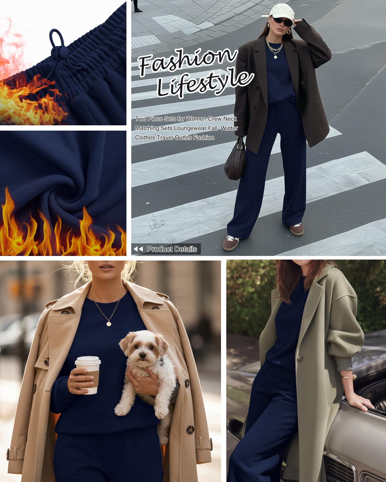 Xuniea Completo da Donna Composto da 2 Pezzi: Tuta da Casa Foderata in Pile, Maglia Girocollo, Pantaloni a Gamba Larga
