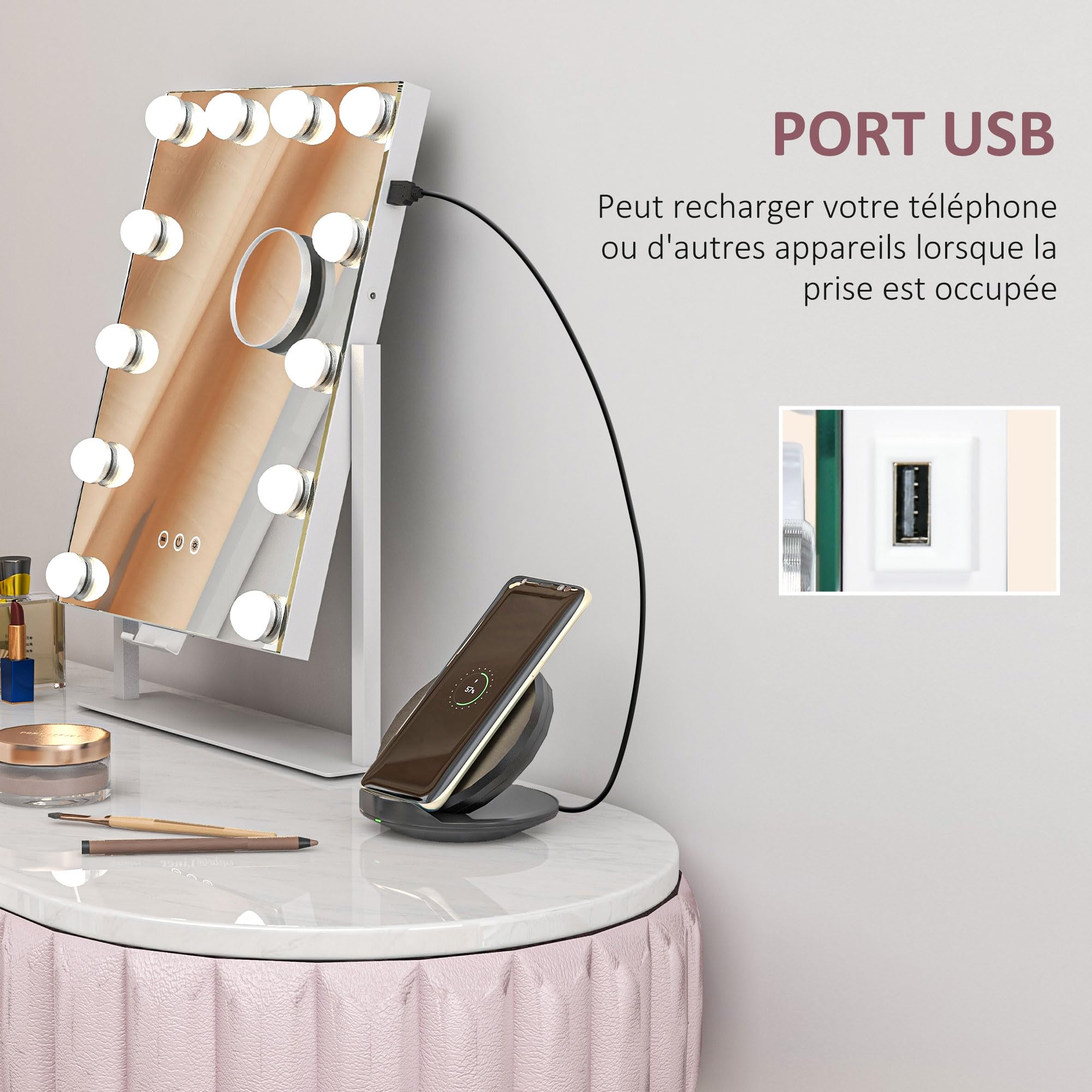 HOMCOM Miroir Hollywood Lumineux 36,5 x 45,5 cm Miroir Coiffeuse Blanc | LED 12 Ampoules, 3 Modes Luminosité Réglable, Rotation à 360°, Grossissement 10X, Port de Charge USB, Touche Tactile