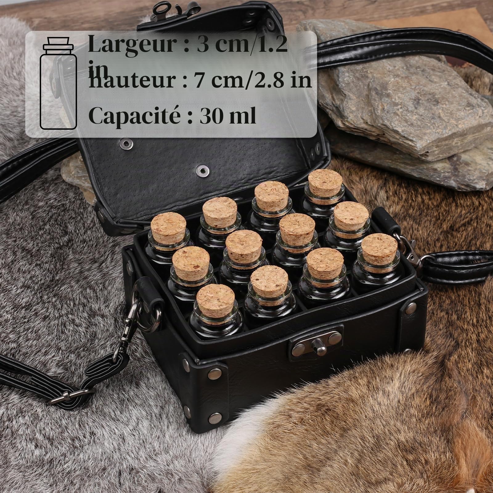 HiiFeuer Boîte d'alchimie médiévale en faux cuir avec 12 fioles de potion en liège, sacoche portable pour bijoux, porte dés Dnd (Noir A)