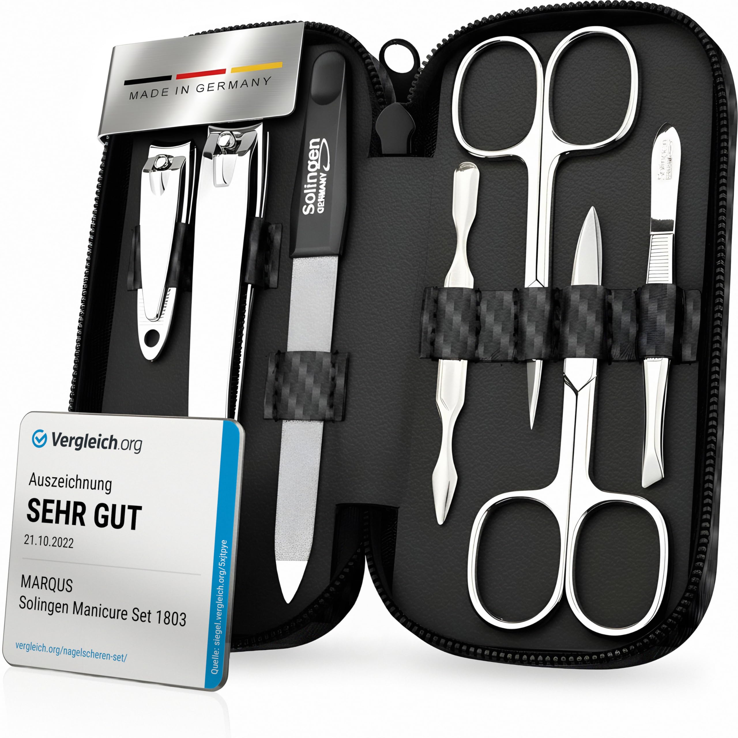 Maniküre Set Solingen - Vergleichssieger - Kunst Leder Etui handlich und weich - 7teiliges Nagelset für Damen und Herren marQus aus glanzvernickeltem poliertem Stahl