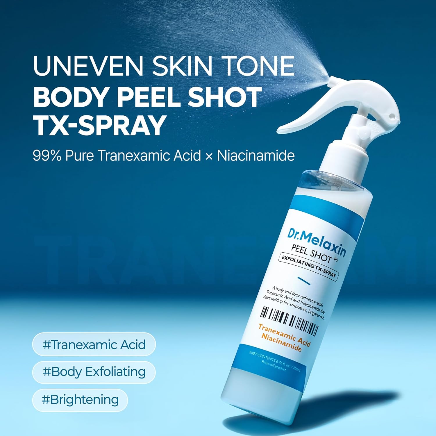 Dr.Melaxin TX Peel Shot Body Exfoliating Spray with Tranexamic Acid & Niacinamide, Brightening Body Care for Uneven Skin Tone, 200ml