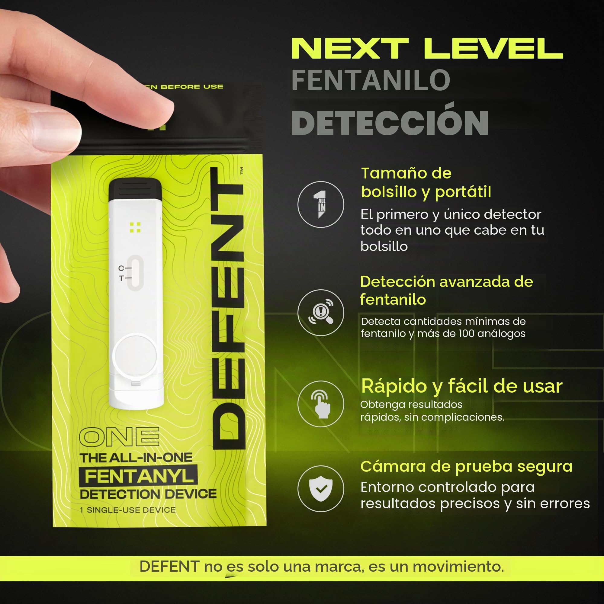 DEFENT Dispositivo de detección de fentanilo todo en uno, nuevo y mejorado, prueba de drogas portátil de un solo uso, para festivales, conciertos, fiestas, universidades, padres, uso antes de Narcan