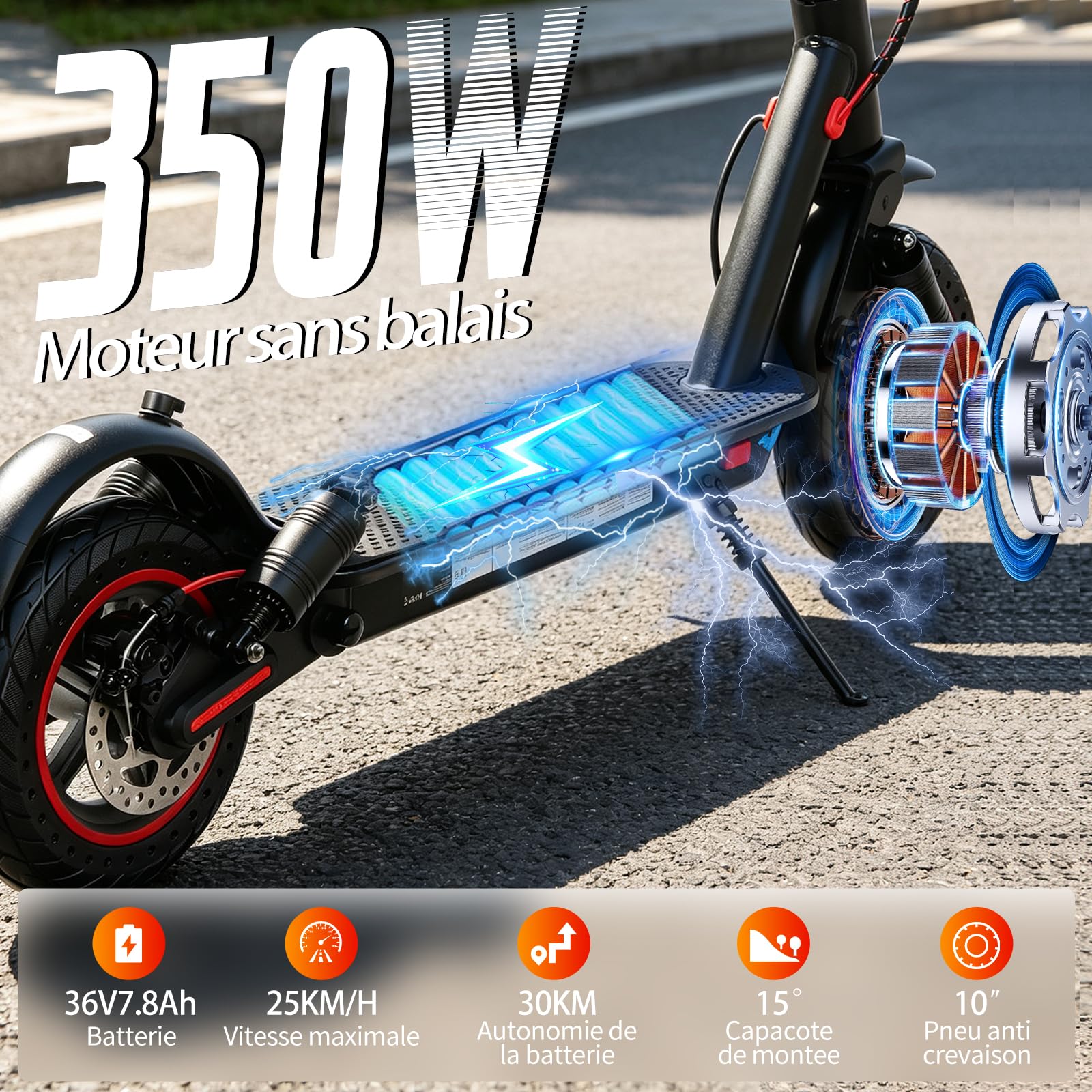 Trottinette Électrique Adulte, Autonomie 30 km,10'' Trottinette Electrique Pliable 350W Escooter, Batterie 7,5AH,Double Suspension & Double Frein APP, Ultra Legere trottinette electrique Charge 120 KG