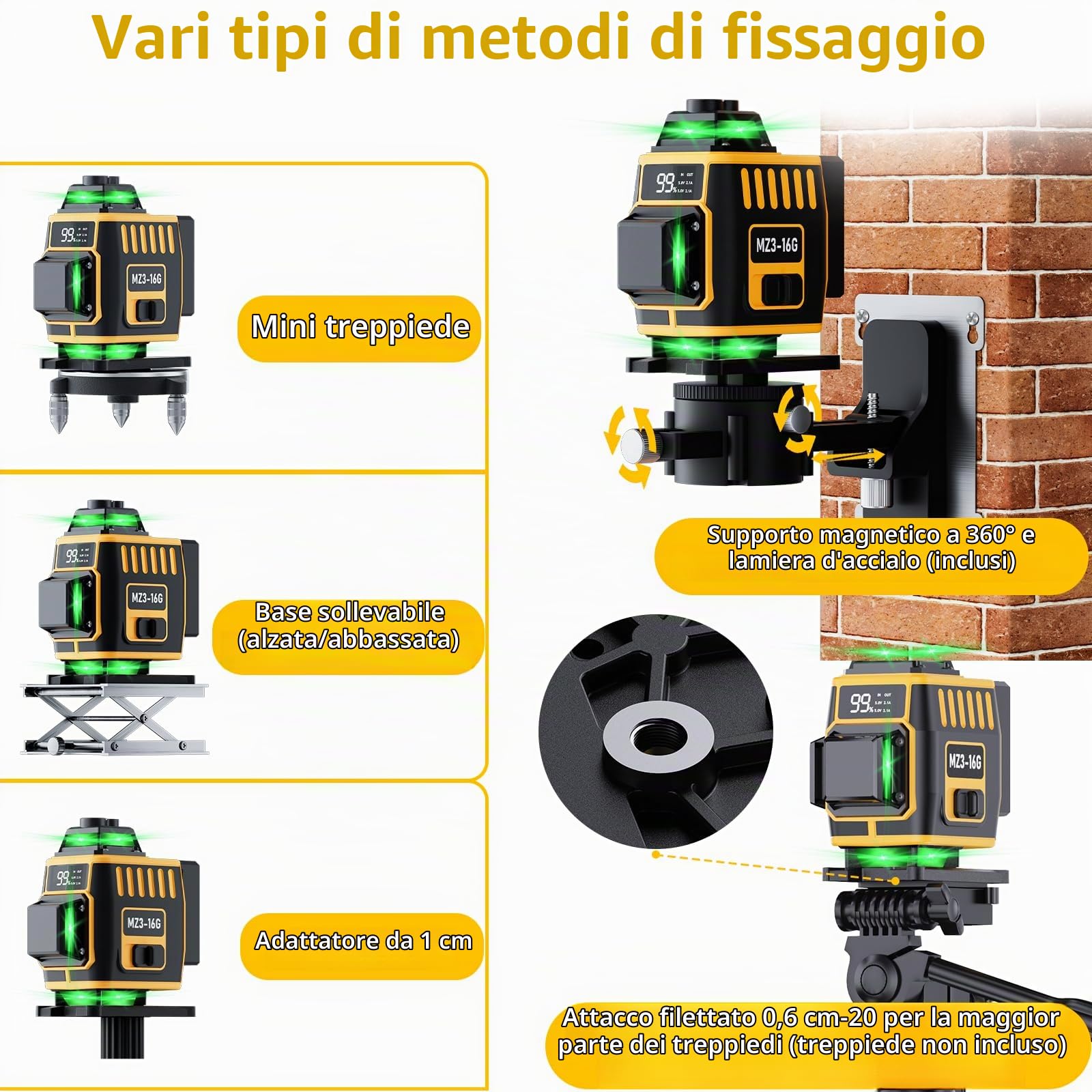 Livella Laser Autolivellante 16 Linee, 4 X 360 °Livello Laser Autolivellante Verde, laser verde display di potenza, 2 x Batterie, Autolivellante,Luminosità regolabile,Telecomando,Base Magnetica