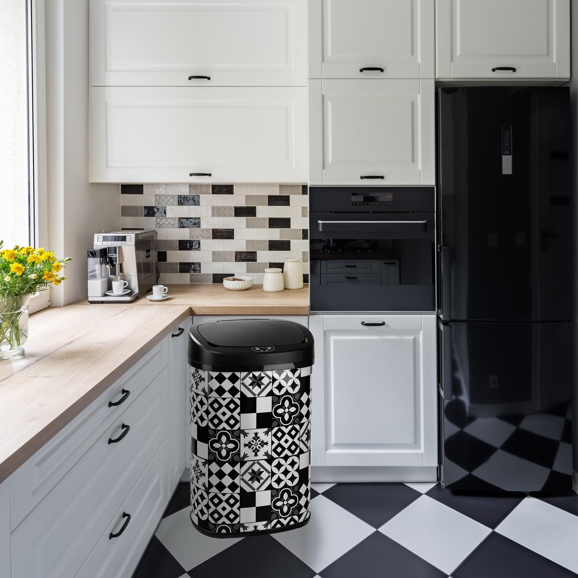 Kitchen Move Cubo de Basura de Cocina automático Majestic de 58 L, con azulejo de Cemento, de Acero Inoxidable con fleje