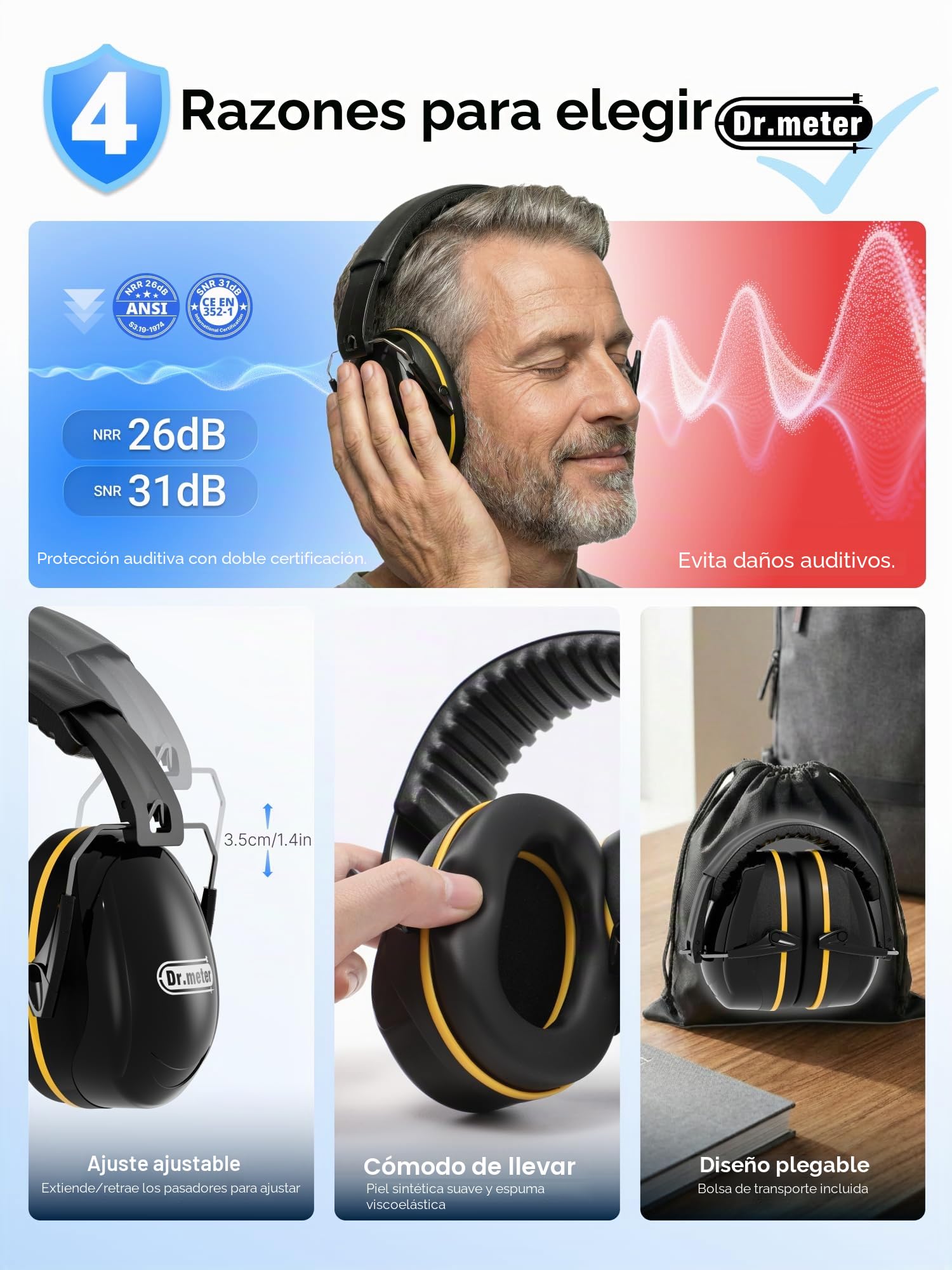 Dr.meter Cascos Antiruido Adultos 31dB, Cascos de Obra Protectores Auditivos Ajustables para Trabajo, Construcción, Tiro Deportivo y Estudio, Cascos Insonorizados Aislantes de Ruido, Negro+Amarillo