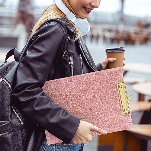 Miniatura 4 de Piasoenc Portapapeles acrílicos, tablero de clip con purpurina de moda con clip dorado de perfil bajo, diseñado para uso en el aula, la escuela y la