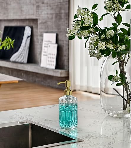 Miniatura 5 de JASAI Dispensador de jabón de vidrio transparente deslumbrante de 18 onzas con bomba dorada para baño, dispensador de jabón de cocina recargable