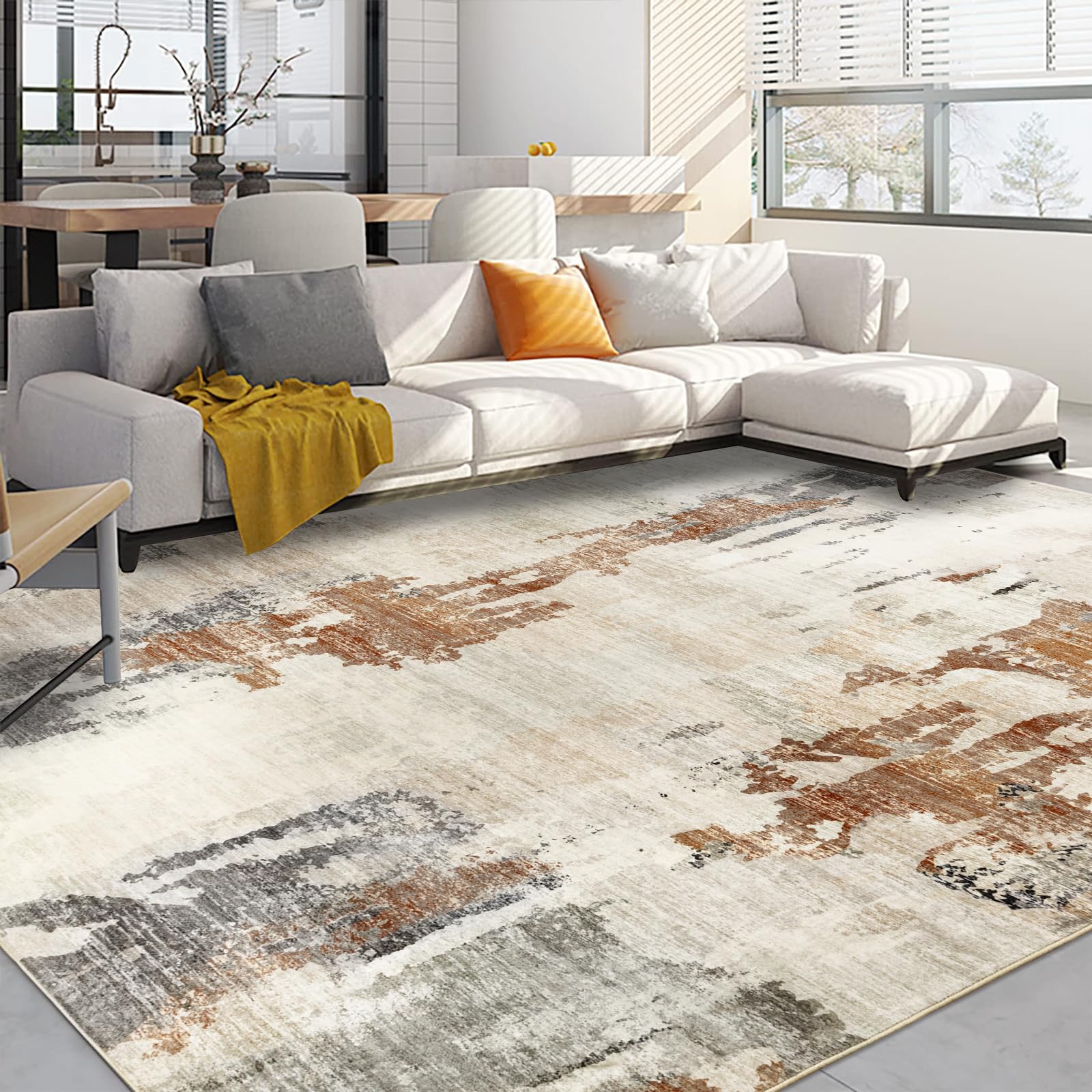 Capslpad Modern Abstract Area Rug 200x300cm Washable Living Room Rug Non-slip Soft Carpet Short Pile Faux Wool Boho Art Floor Carpet for Living Room Bedroom Home Office Dining Room Decor,Beige&Brown — image 1