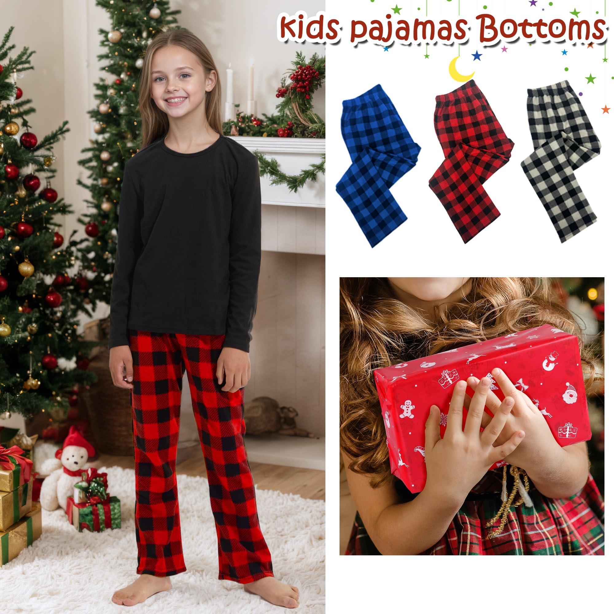 Mädchen Jungen Schlafanzughose Lang Elastische Taille Pyjamahose Kinder Kariert Freizeithose mit 2 Taschen Schlafanzüghosen 7-13 Jahre