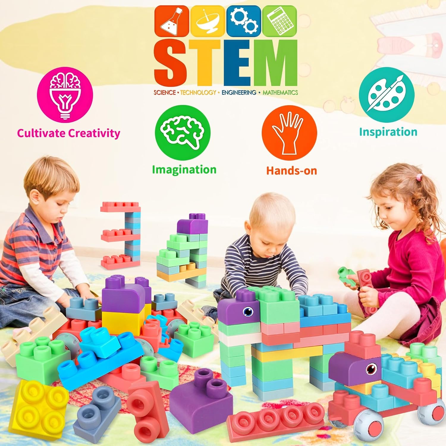 80PCS Baby Building Blocks Set with Storage Bucket, Blocks for Babies 6 Months and Up STEM Educational Toddler Gifts, Rubber Soft Blocks Big Building Blocks Sensory Stacking Toys