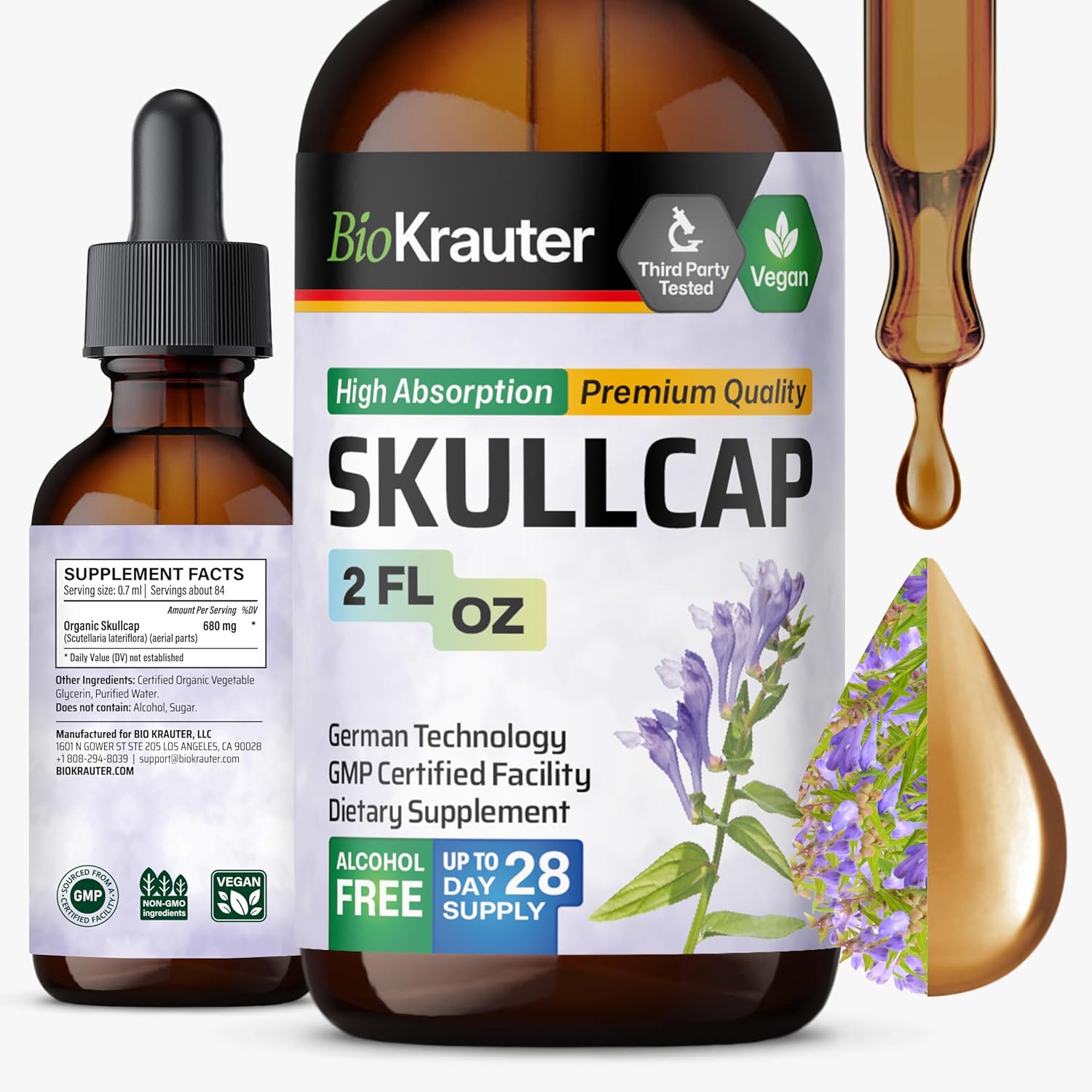 BIO KRAUTER Skullcap Herb Tincture - Scutellaria Lateriflora Liquid Extract - Alcohol and Sugar Free - Vegan Drops 2 Fl.Oz.