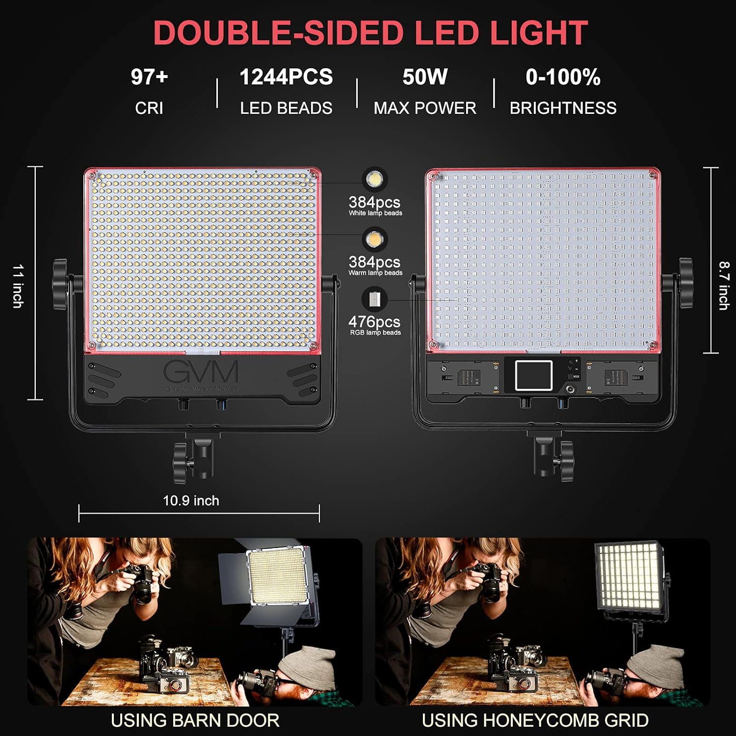 Discount GVM Pro LED Video Light with Softboxes, RGB+Bi-Color Double Sided, Each Side 50W, Video Lighting Kit with Bluetooth Control, Led Panel Lights for YouTube, Studio, Broadcasting, Web Conference, 2 Packs