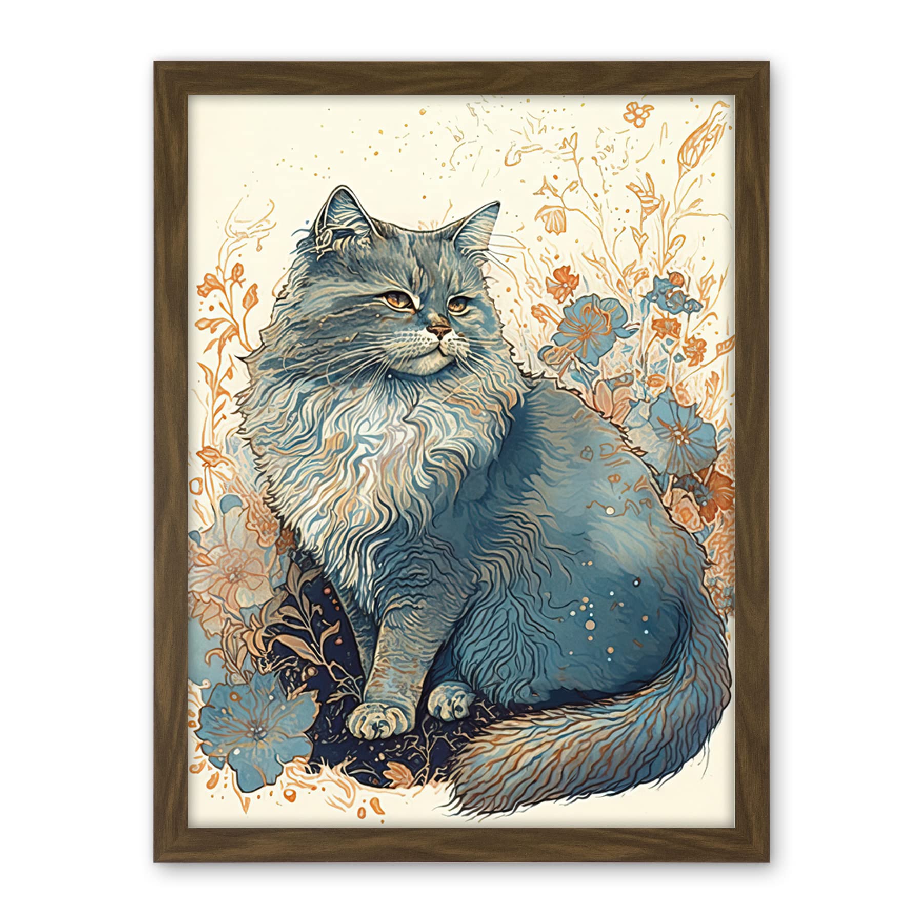 Artery8 Fluffy Cat in Wildflowers Teal and Orange Watercolour Illustration Artwork Framed Wall Art Print 18X24 Inch