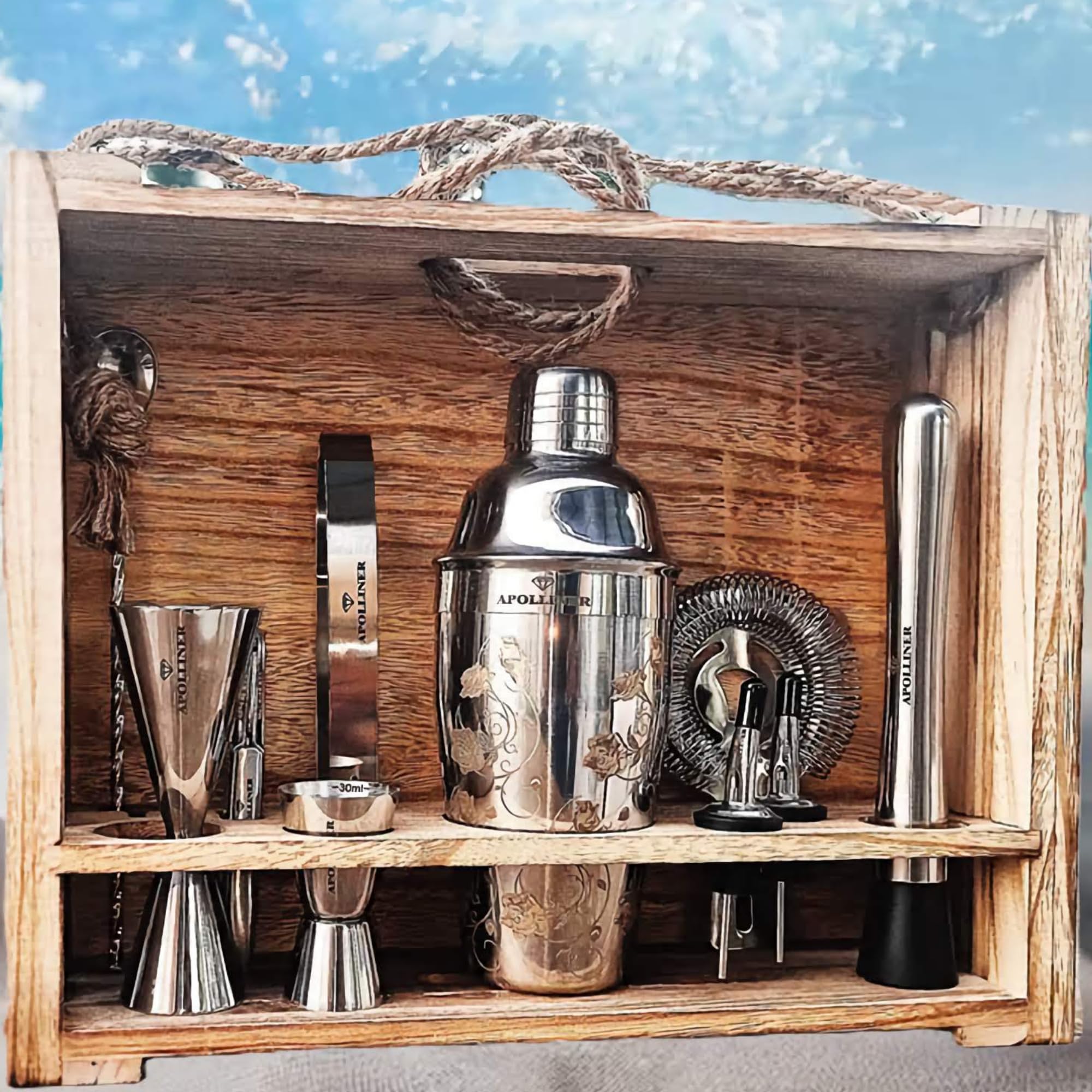 apolliner,shaker Cocktail professionale,kit barman con supporto in legno pregiato |set barman cocktail professionale,kit, cocktail set,bar,cocktail,attrezzatura da bar,regalo casa,Uomo,Donna(16pezzi)