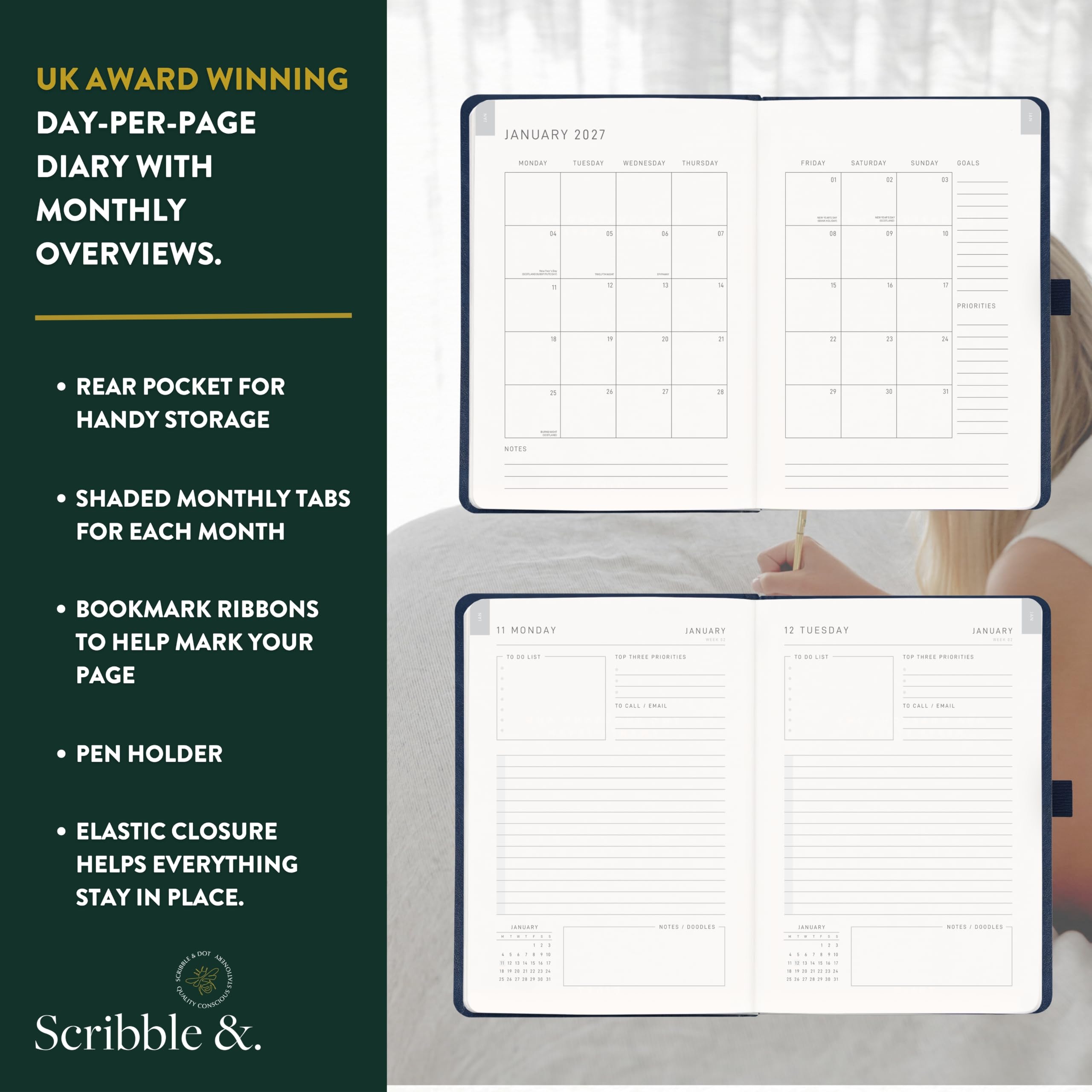 Scribble & Dot Agenda journalier 2027 format A5, 1 jour par page, de janvier à décembre, couverture rigide rembourrée, en similicuir avec aperçus mensuels et pages de notes, boîte cadeau, organiseur