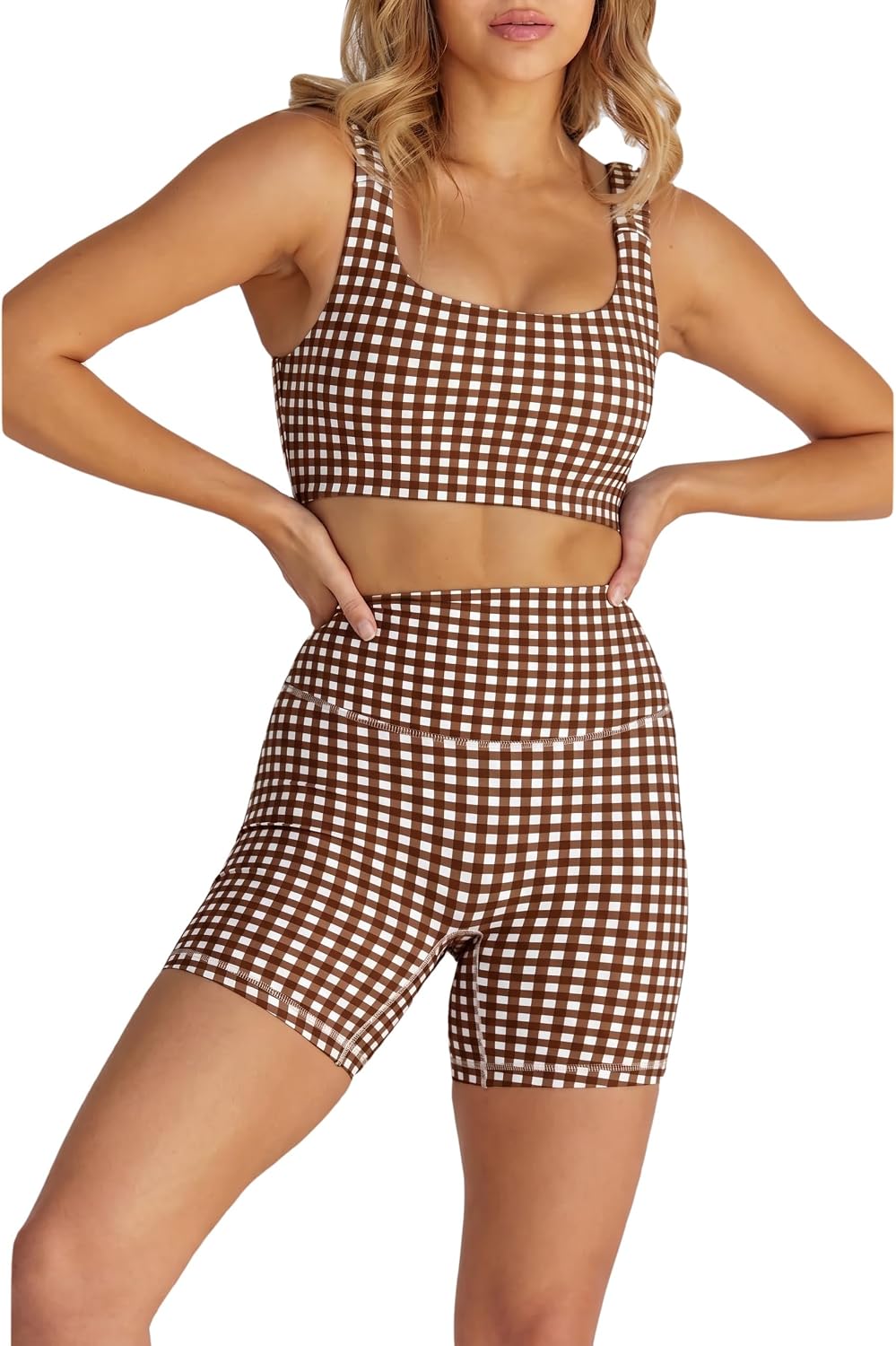 Womens Gingham Workout Sets 2 Piece Sets Summer Outfits Athletic Sports Bra High Waist Shorts Sets Matching Activewear Sets