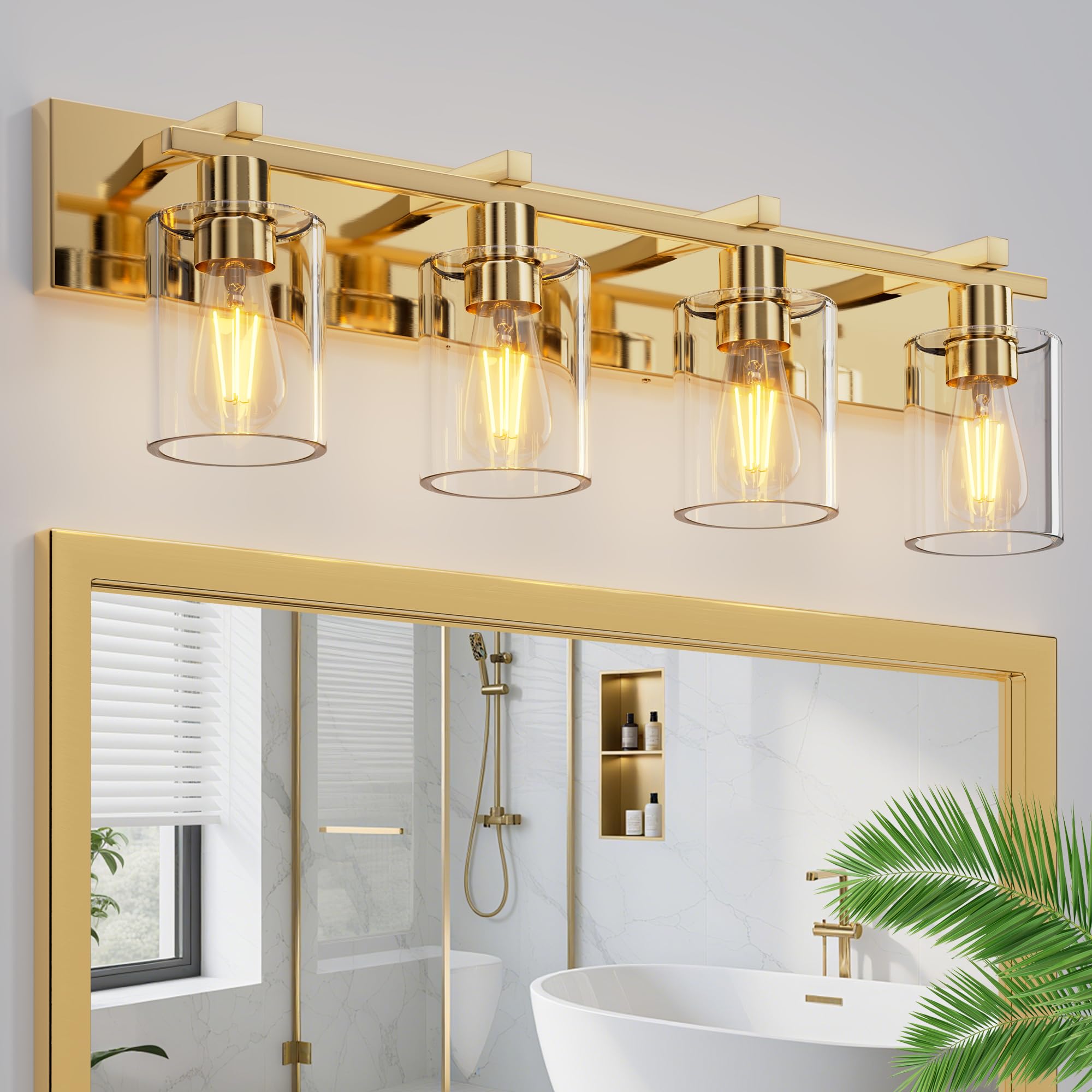 4-Light 30inch Brushed Gold Vanity Light, Thickened Clear Glass | Over Mirror for Bathroom, Rust Resistant, E26 Base, Easy Install, Removable Glass Shade Horizontal Mount, Dimmable