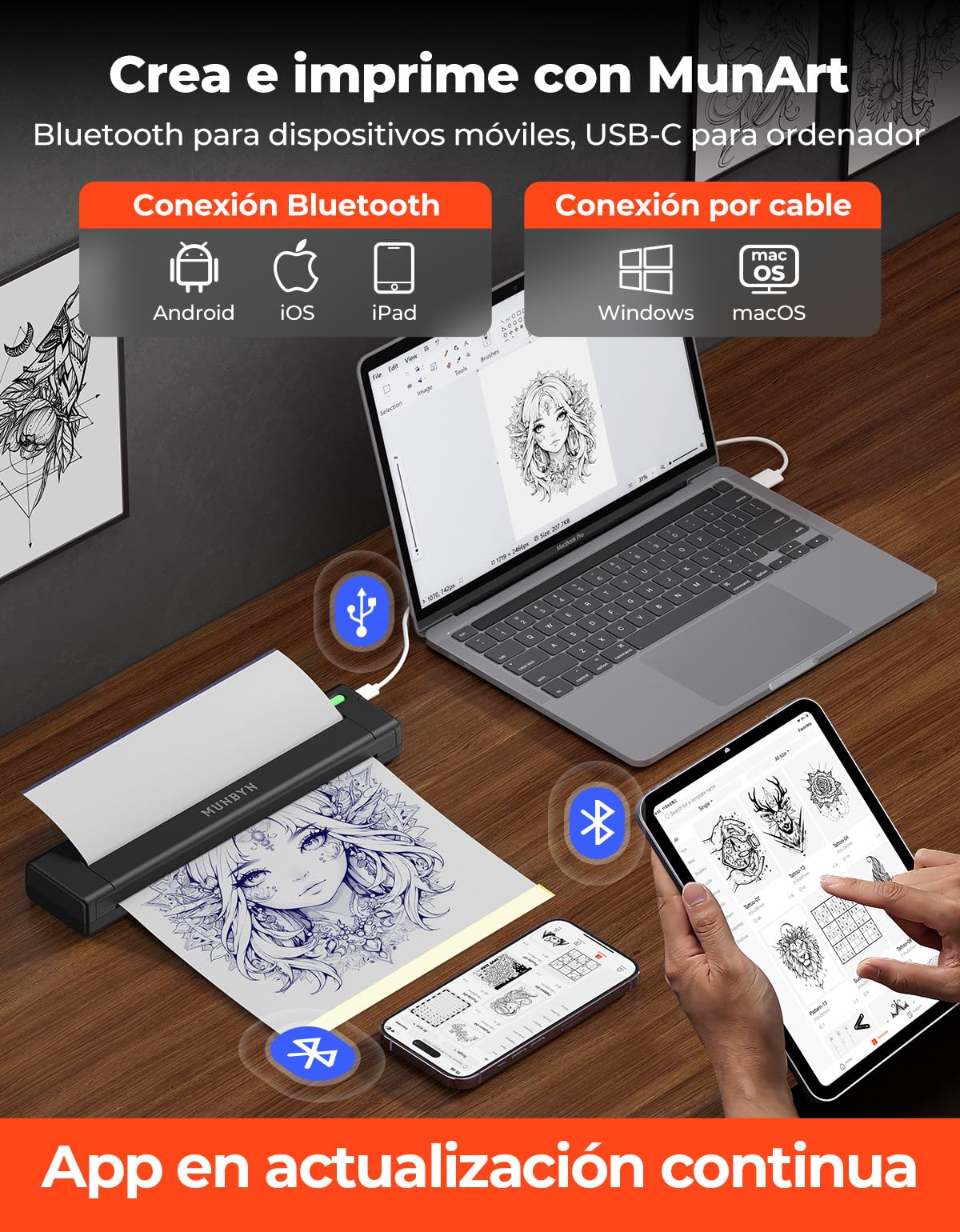 MUNBYN Termocopiadora Tattoo Bluetooth, Impresora Termica Tatuajes para DIY, Compatible con Smartphone y PC, Incluye 10 Hojas de Papel de Transferencia, ITP05S Negro